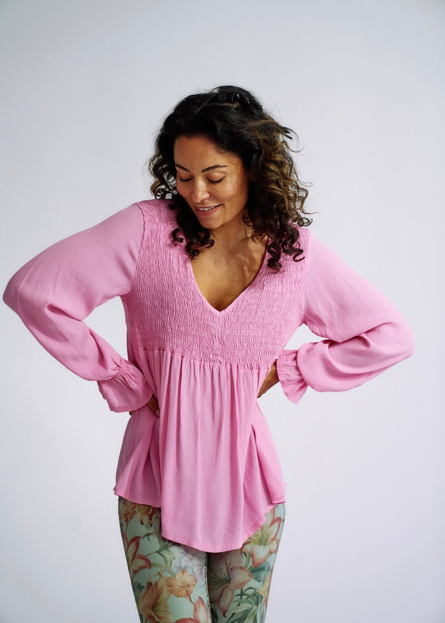 View our Italian Smock V Neck Blouse in Soft Pink - The ultimate TOPS created by TRIBUTE and sold here, at Tribute Store