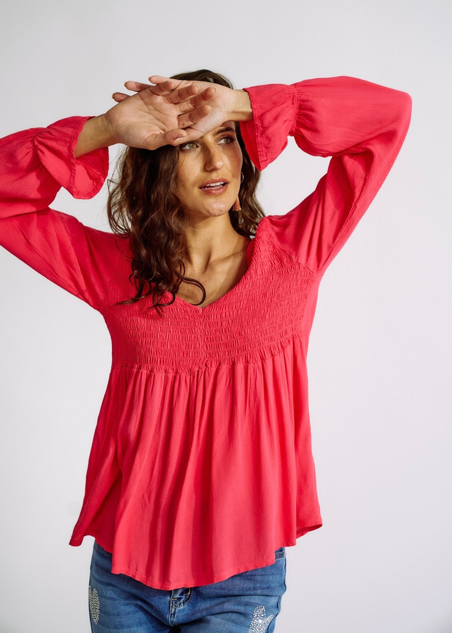 View our Italian Smock V Neck Blouse in Strawberry - The ultimate TOPS created by TRIBUTE and sold here, at Tribute Store