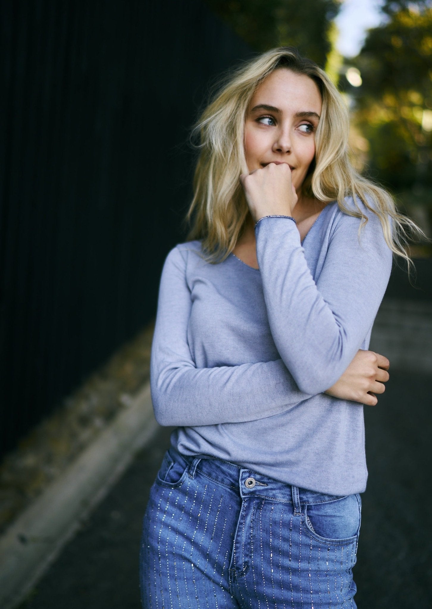 View our Italian Stonewashed Knit with Shimmer Edge In Denim Blue - The ultimate TOPS created by TRIBUTE and sold here, at Tribute Store