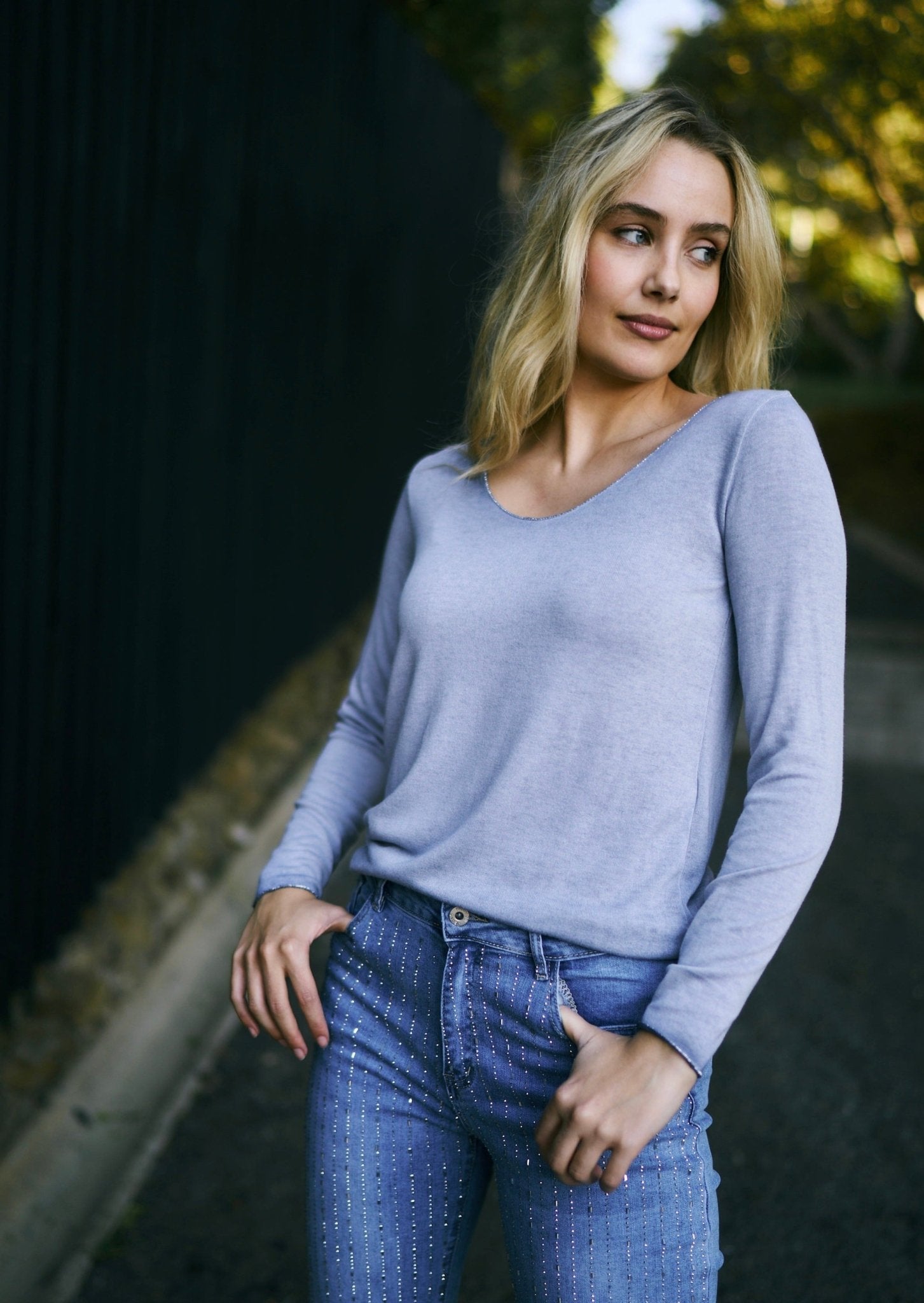 View our Italian Stonewashed Knit with Shimmer Edge In Denim Blue - The ultimate TOPS created by TRIBUTE and sold here, at Tribute Store