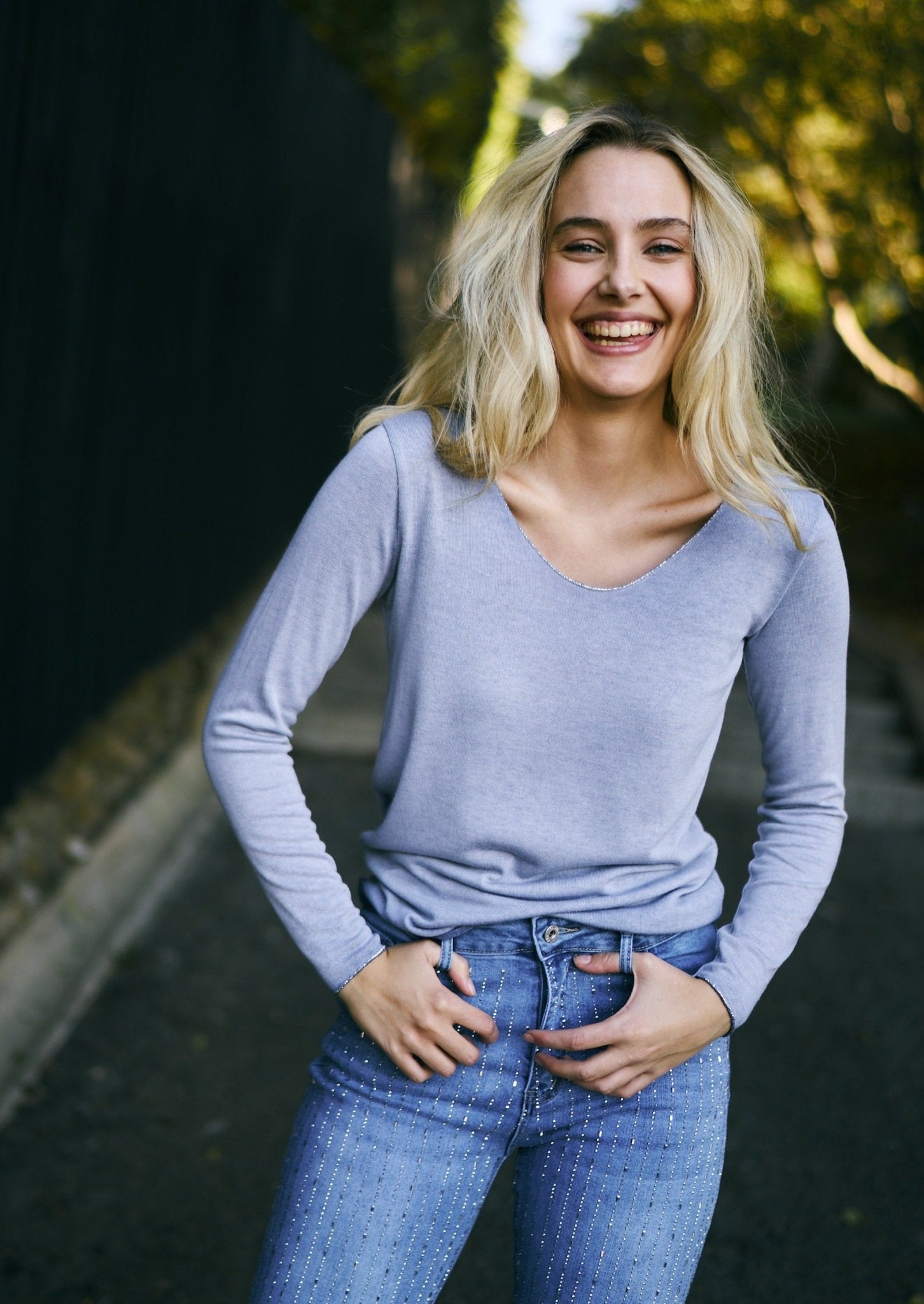 View our Italian Stonewashed Knit with Shimmer Edge In Denim Blue - The ultimate TOPS created by TRIBUTE and sold here, at Tribute Store