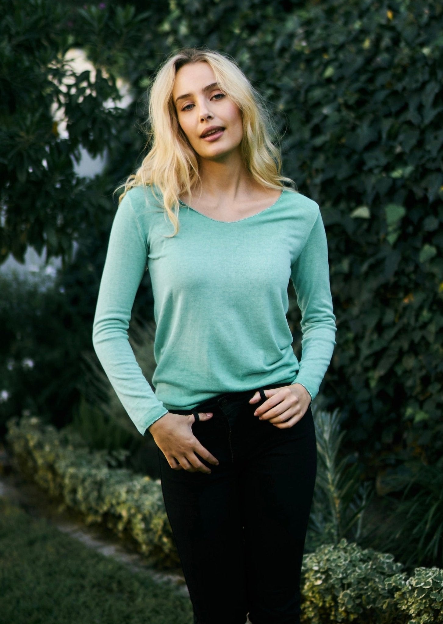 View our Italian Stonewashed Knit with Shimmer Edge In Ocean Green - The ultimate TOPS created by TRIBUTE and sold here, at Tribute Store