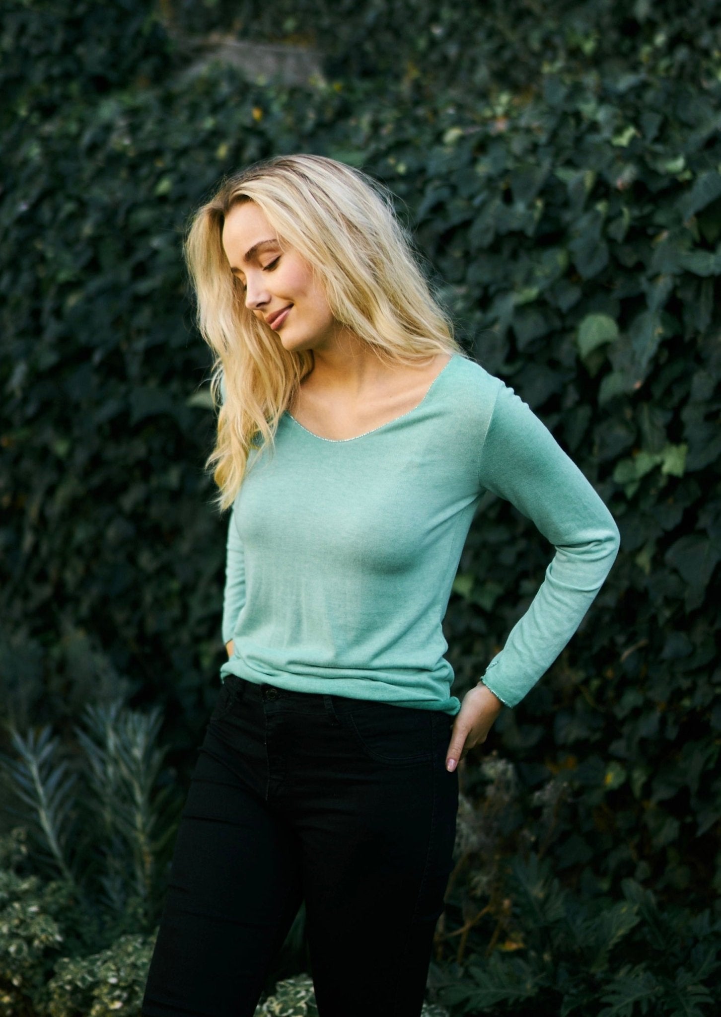 View our Italian Stonewashed Knit with Shimmer Edge In Ocean Green - The ultimate TOPS created by TRIBUTE and sold here, at Tribute Store