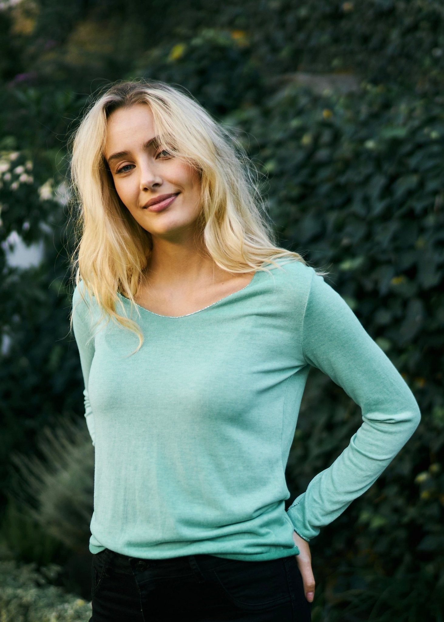 View our Italian Stonewashed Knit with Shimmer Edge In Ocean Green - The ultimate TOPS created by TRIBUTE and sold here, at Tribute Store
