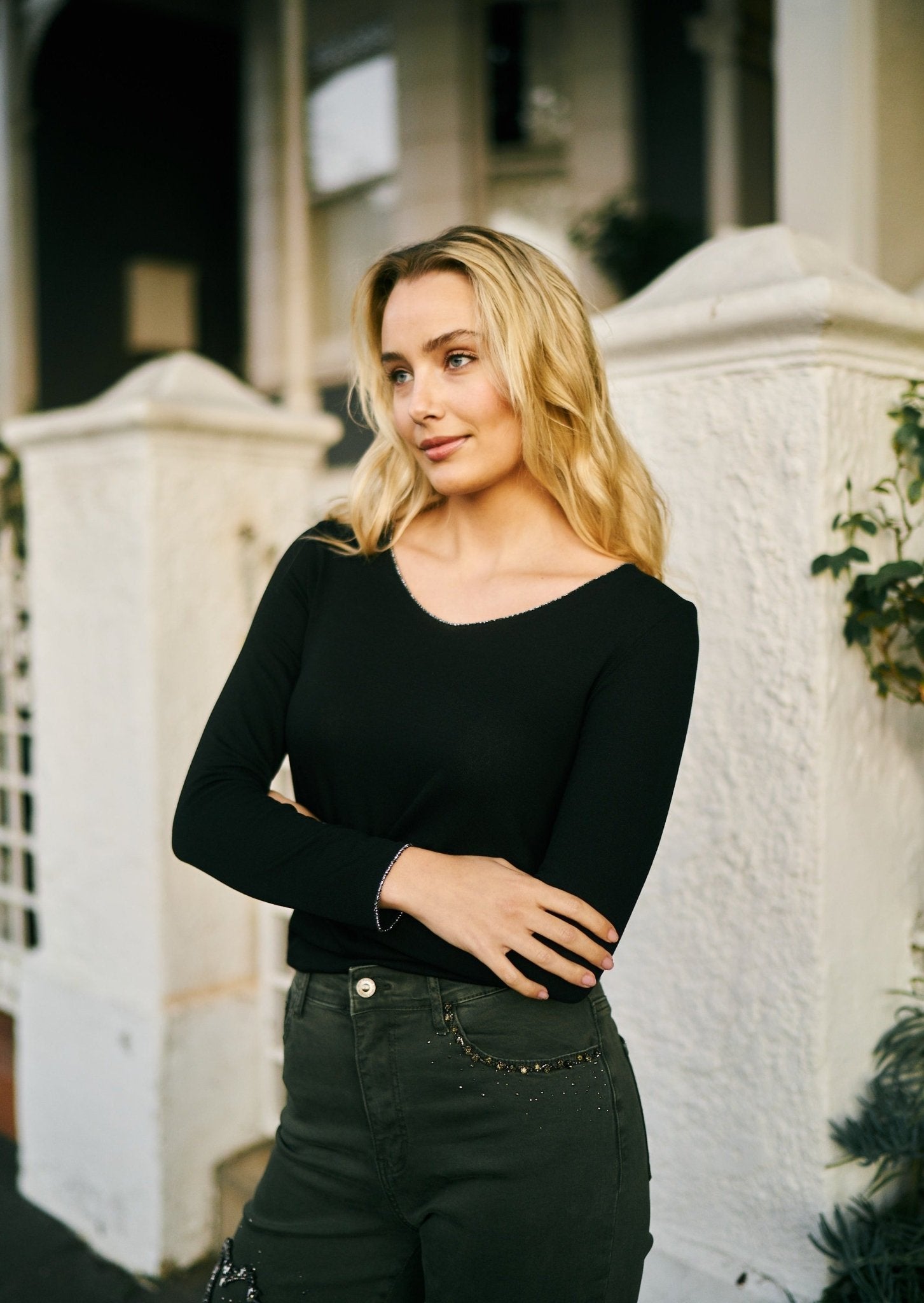 View our Italian V Neck Knit with Shimmer Edge in Black - The ultimate TOPS created by TRIBUTE and sold here, at Tribute Store