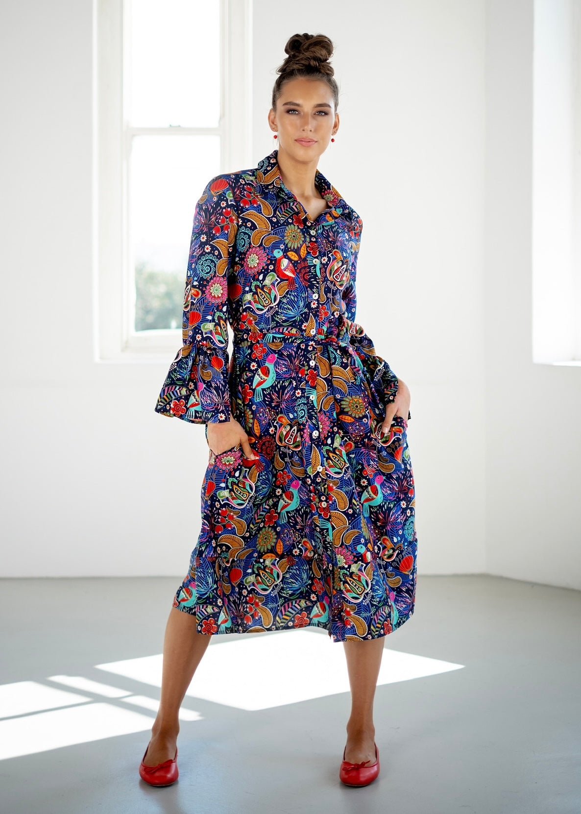View our Jewel Dress with Blue And Red Bird Print In Navy - The ultimate DRESSES created by ICONIC and sold here, at Tribute Store