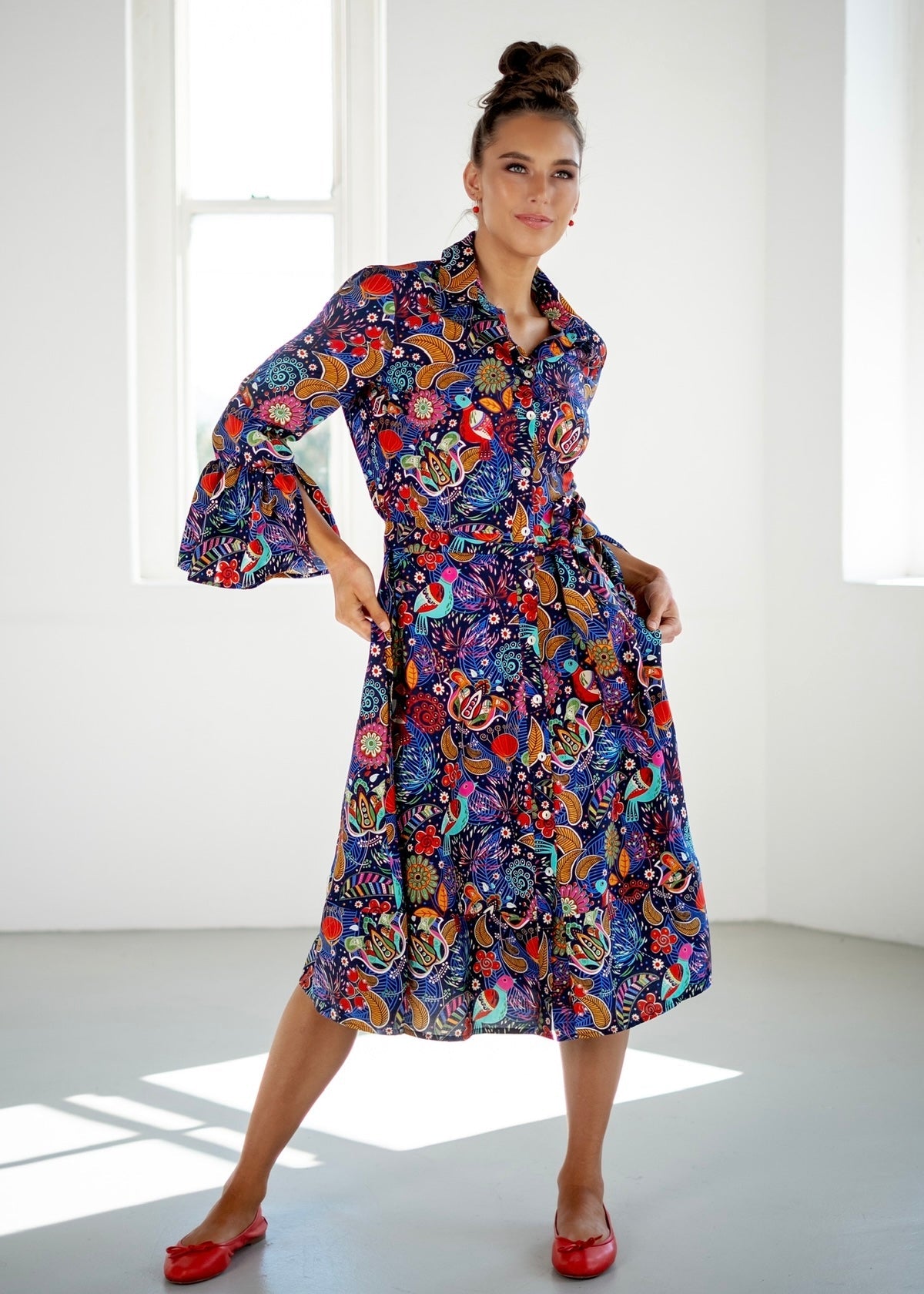 View our Jewel Dress with Blue And Red Bird Print In Navy - The ultimate DRESSES created by ICONIC and sold here, at Tribute Store