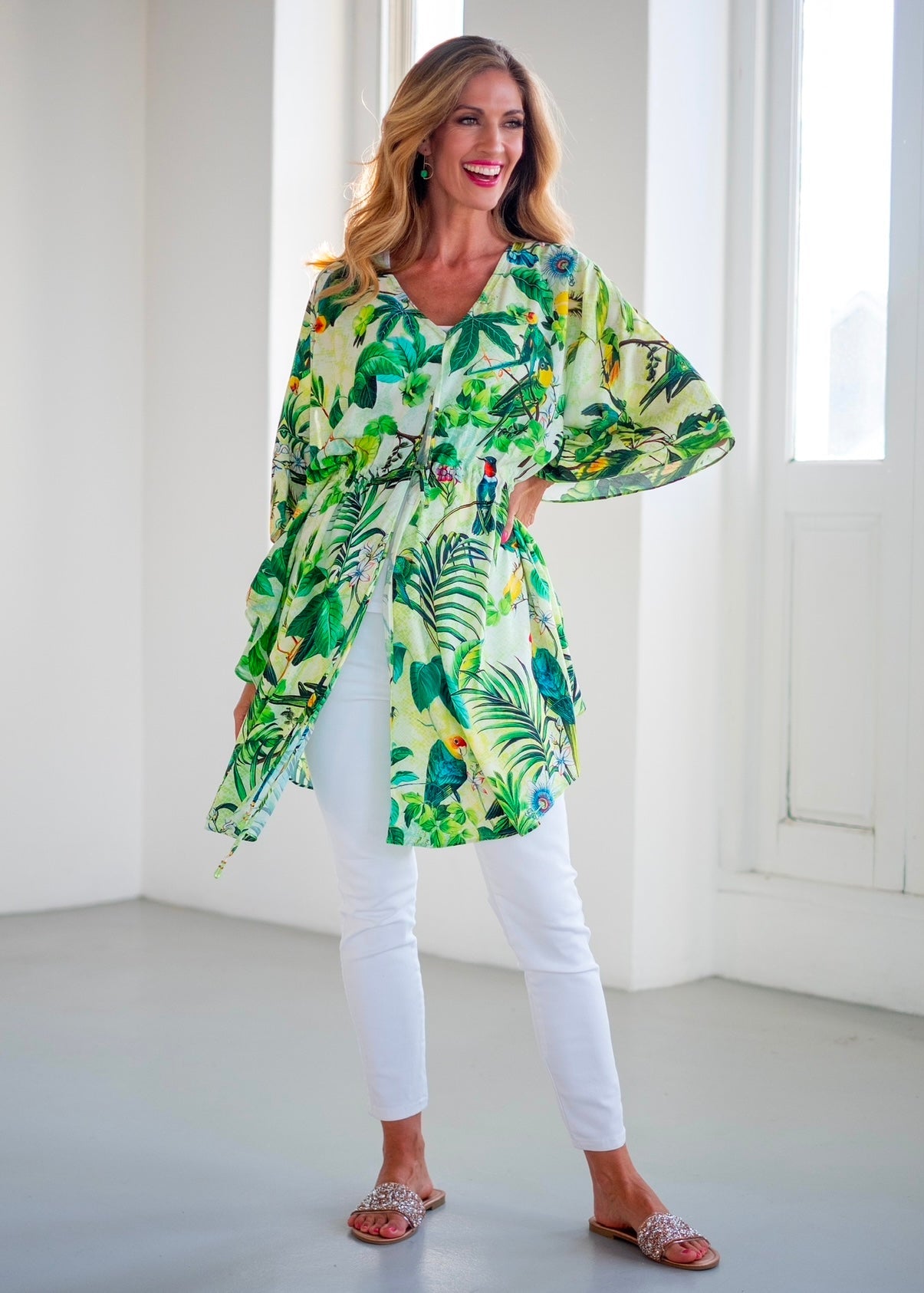 View our Lara Kaftan With Bird Print In Green - The ultimate DRESSES created by ICONIC and sold here, at Tribute Store