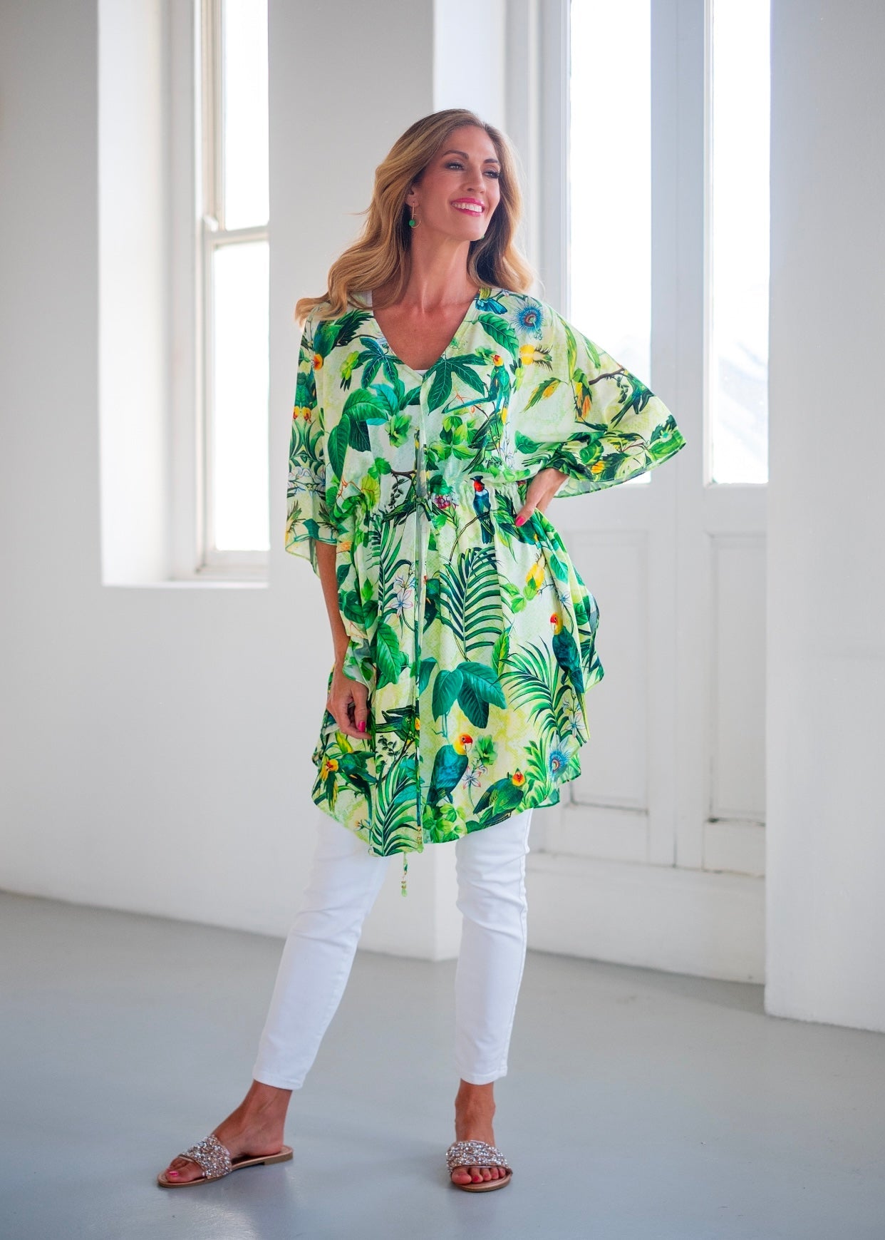 View our Lara Kaftan With Bird Print In Green - The ultimate DRESSES created by ICONIC and sold here, at Tribute Store