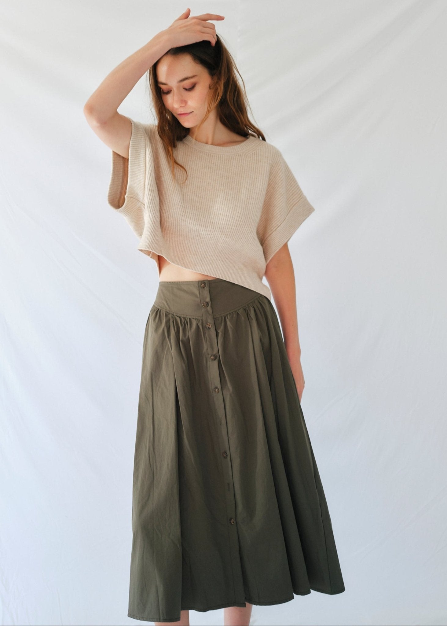 View our 3/4 Skirt with front Buttons in Khaki - by Tribute Store