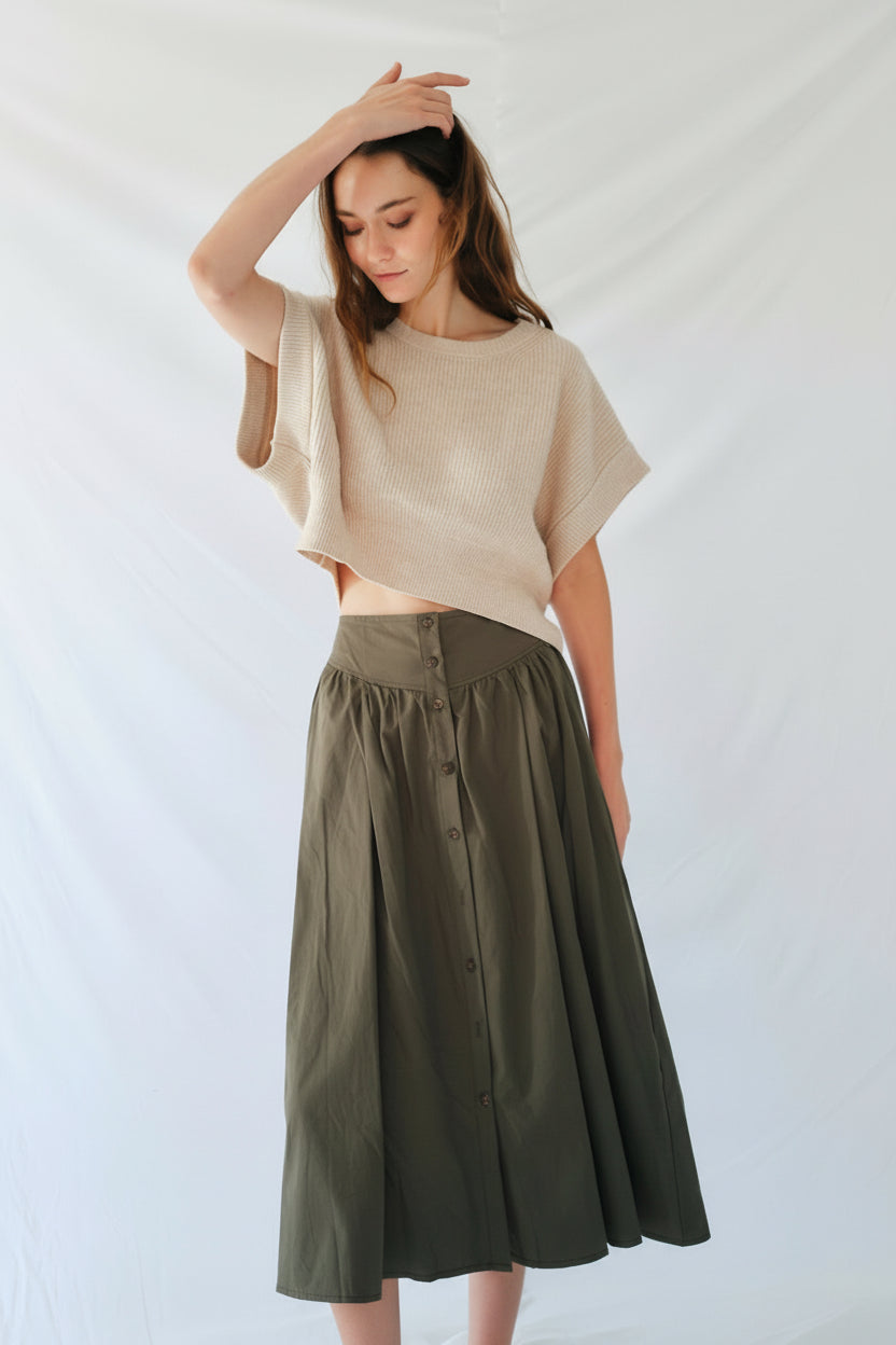 View our 3/4 Skirt with front Buttons in Khaki - by Tribute Store
