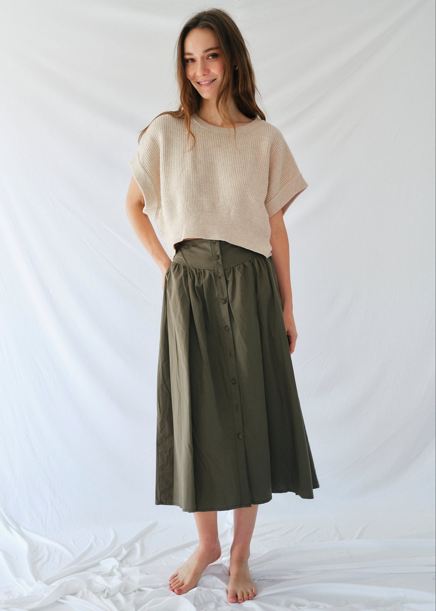 View our 3/4 Skirt with front Buttons in Khaki - by Tribute Store