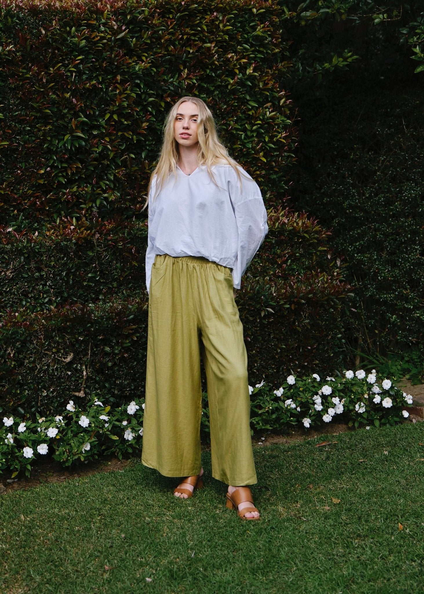 View our Alameda Wide Leg Pants In Olive Green - by Tribute Store