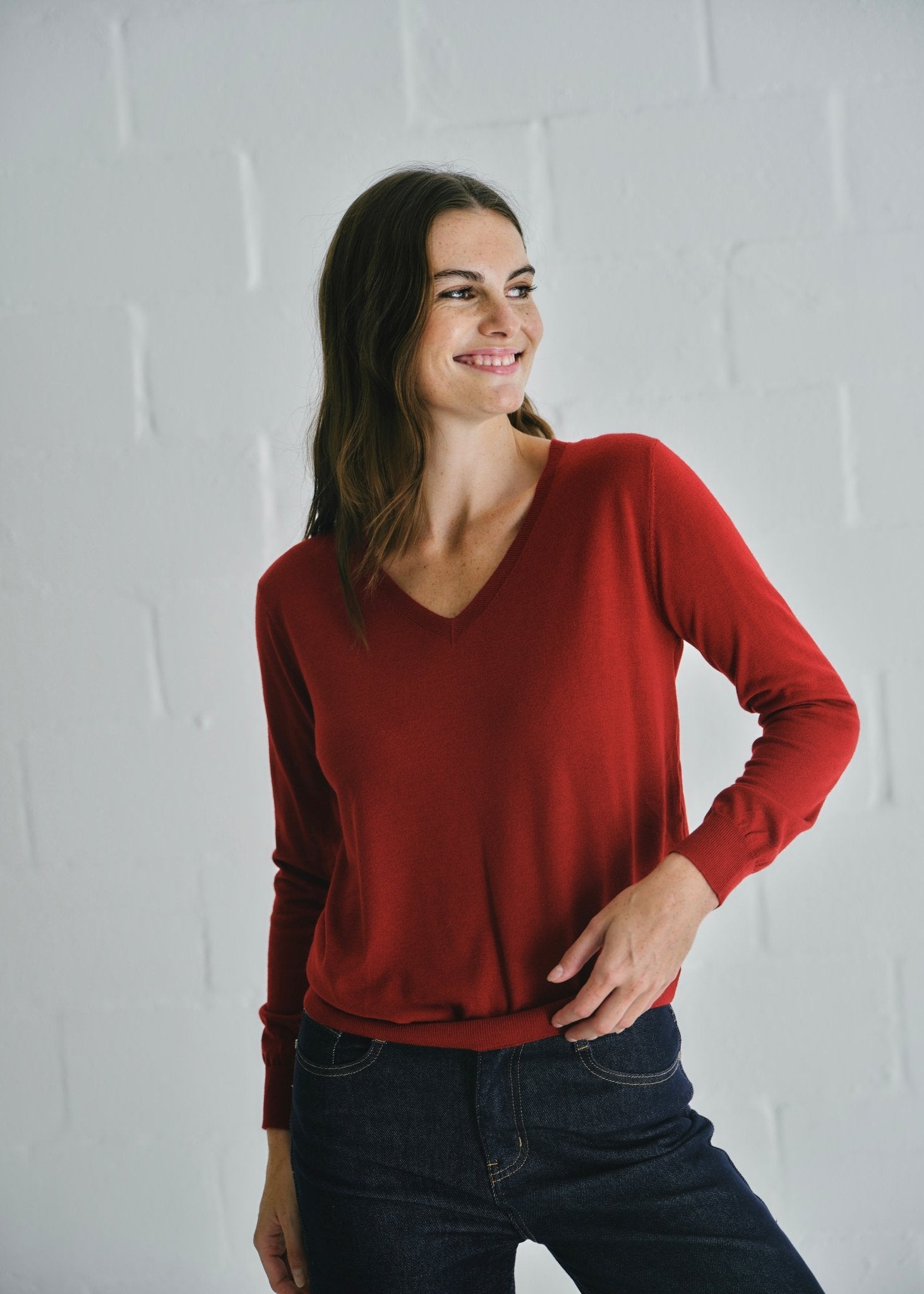 View our Allure Essential Italian V Neck Knit In Deep Red - by Tribute Store