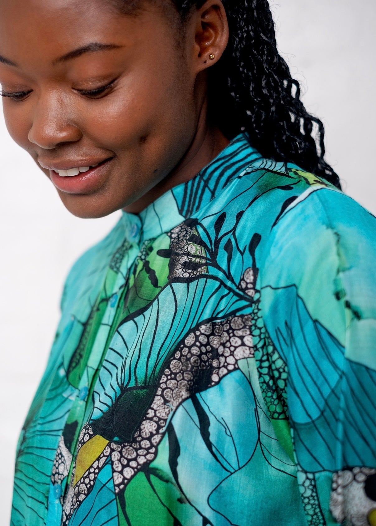 View our Amalfi Dress in Green and Turquoise Flower Print - by Tribute Store