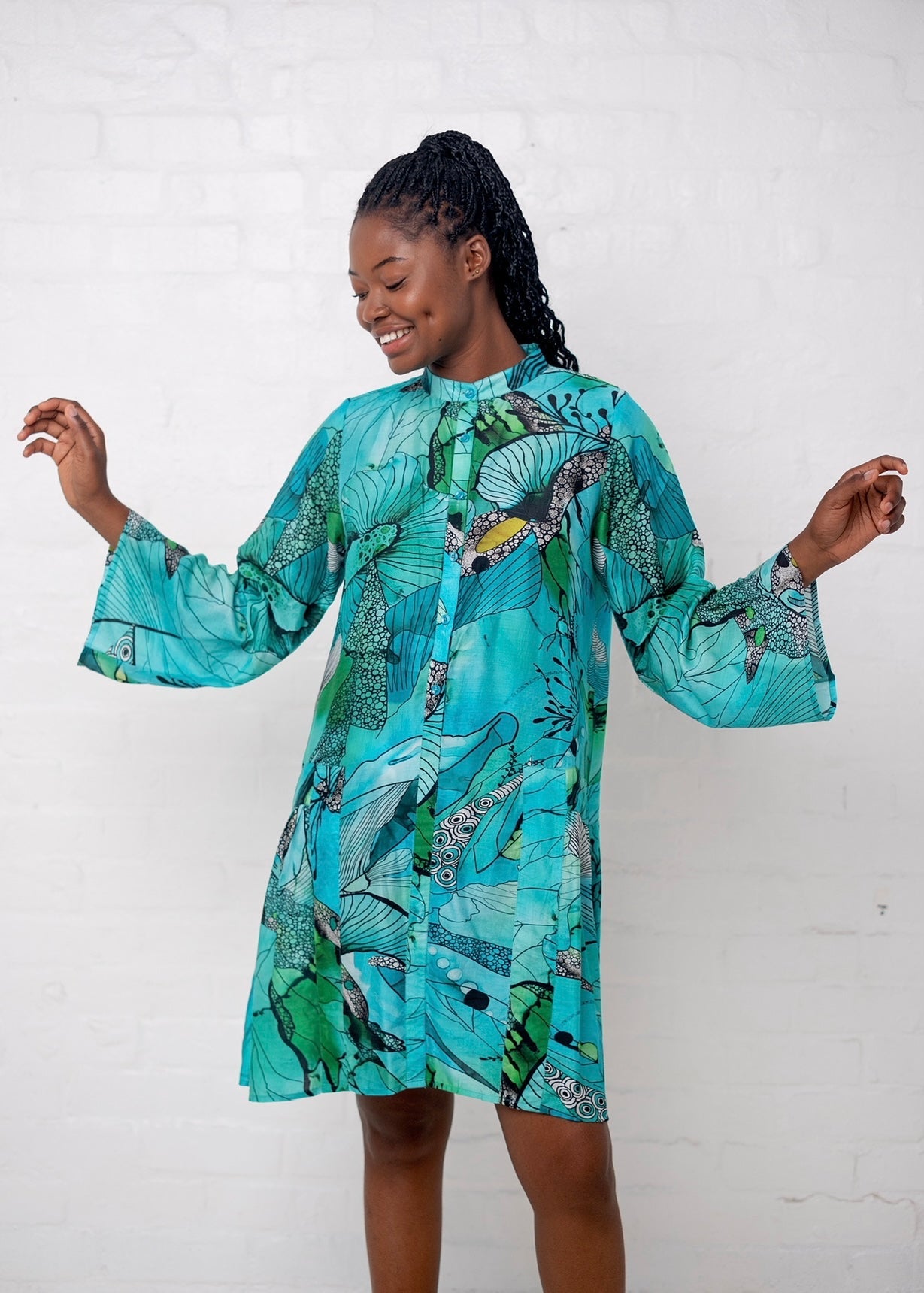 View our Amalfi Dress in Green and Turquoise Flower Print - by Tribute Store