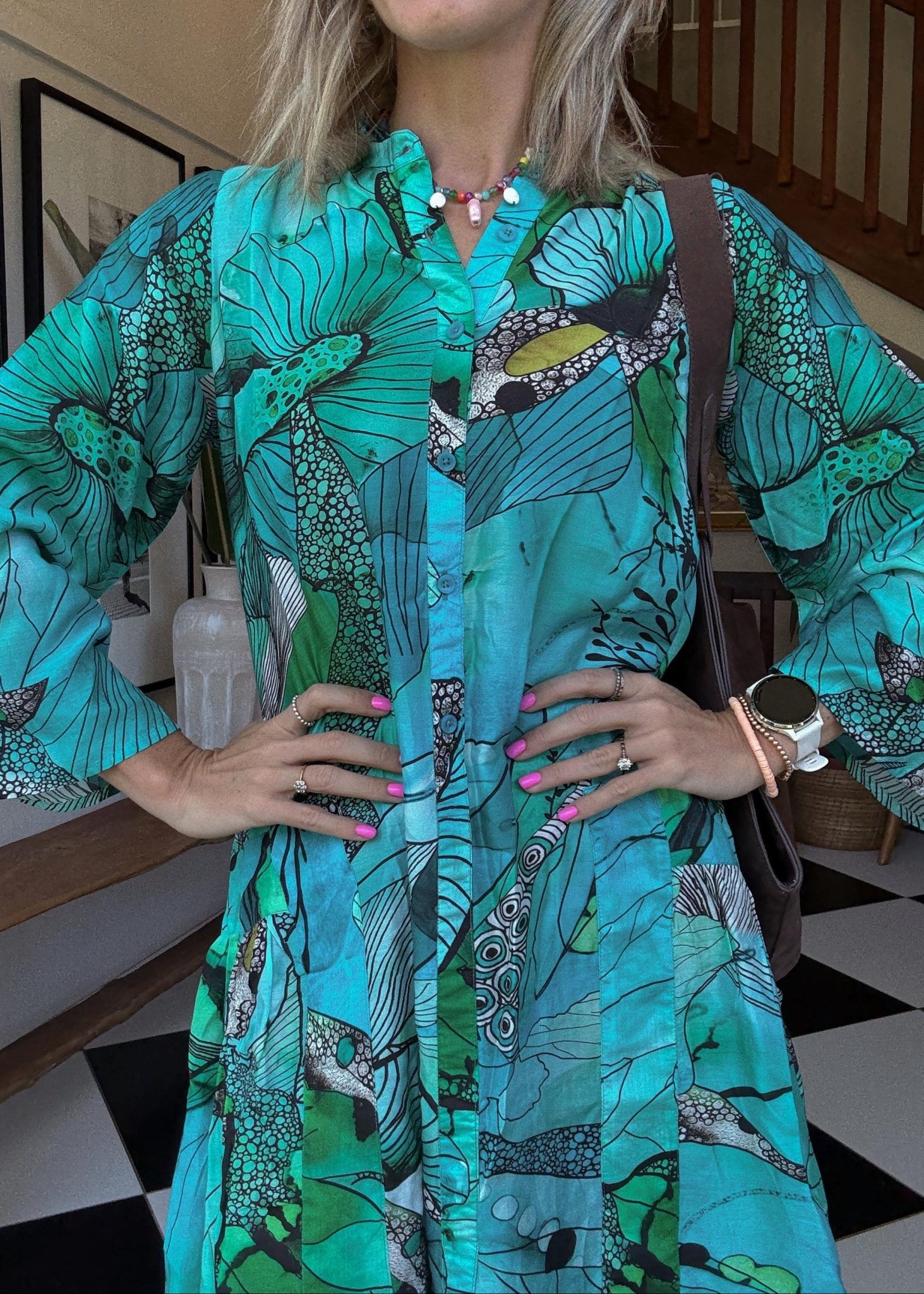 View our Amalfi Dress in Green and Turquoise Flower Print - by Tribute Store