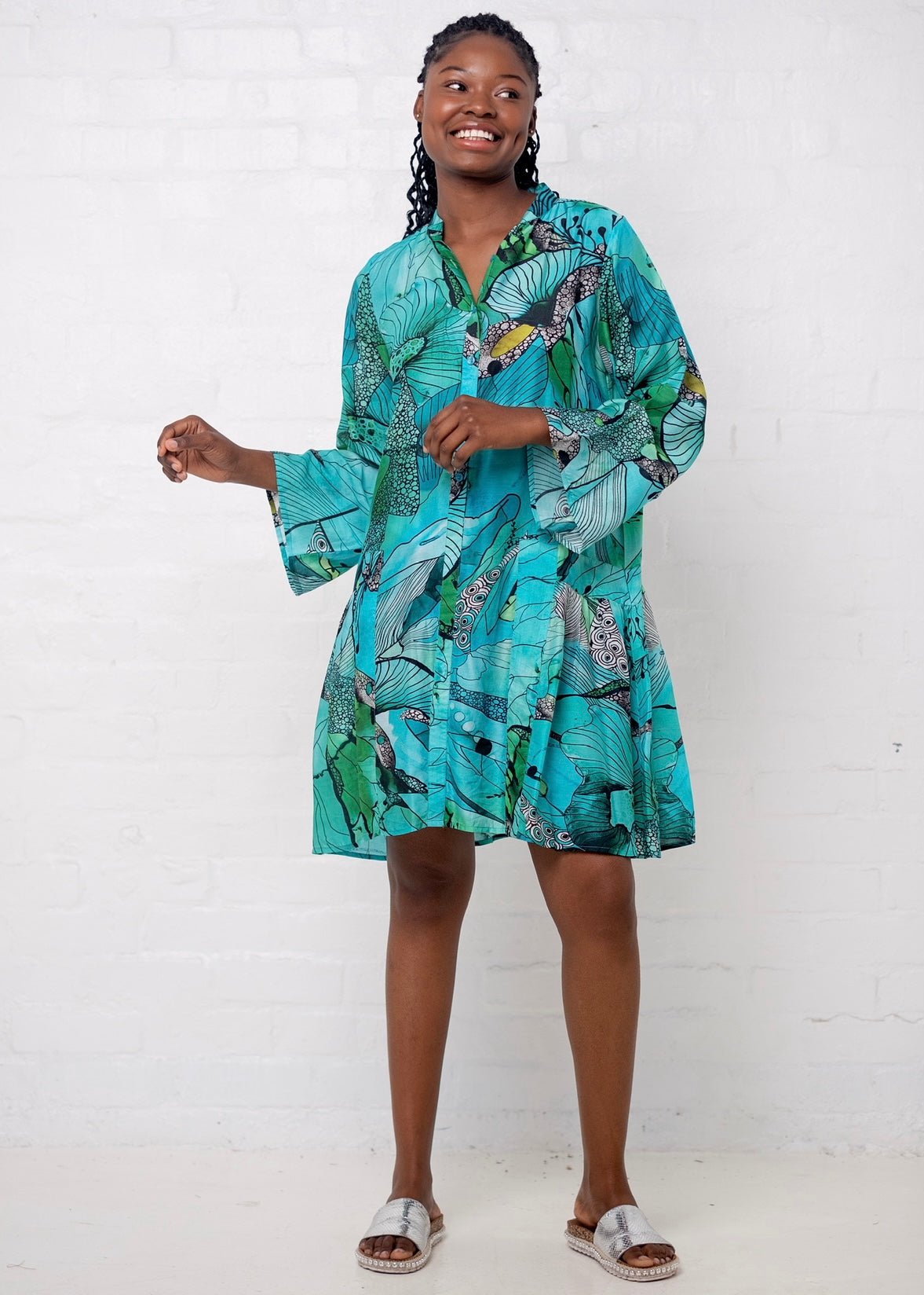 View our Amalfi Dress in Green and Turquoise Flower Print - by Tribute Store