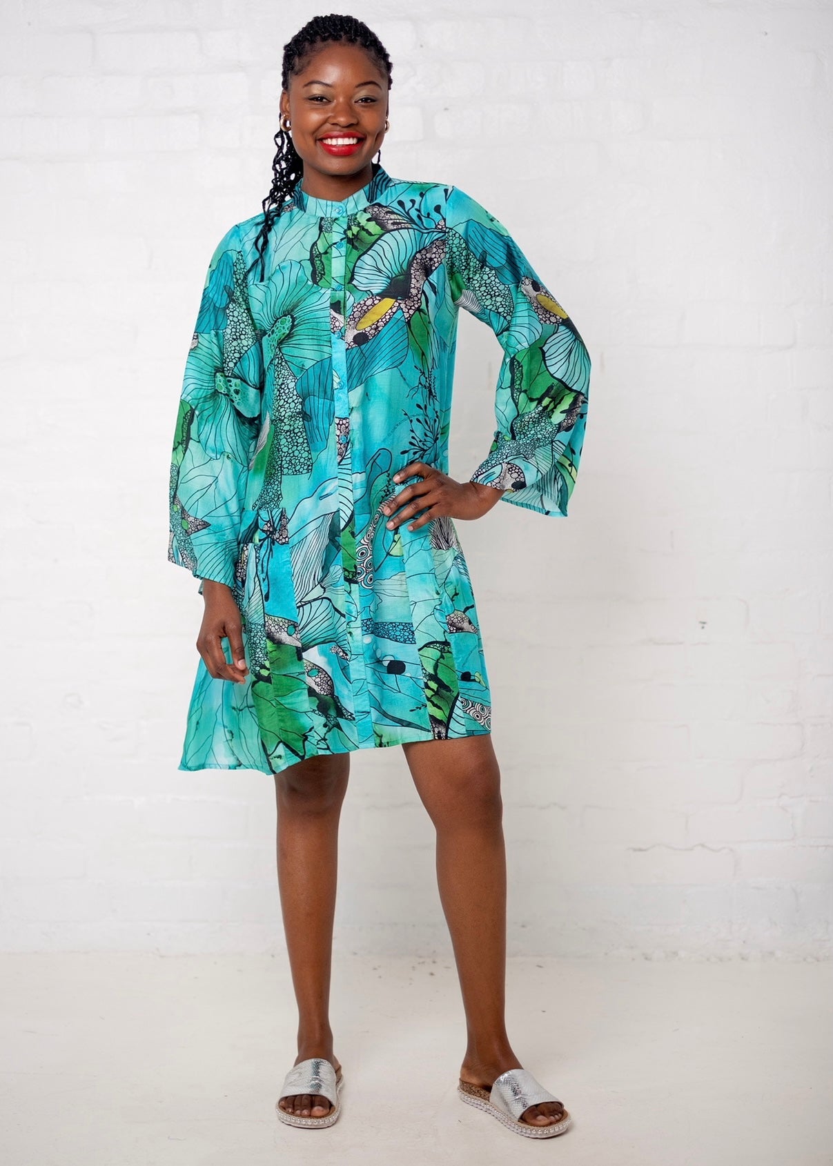 View our Amalfi Dress in Green and Turquoise Flower Print - by Tribute Store