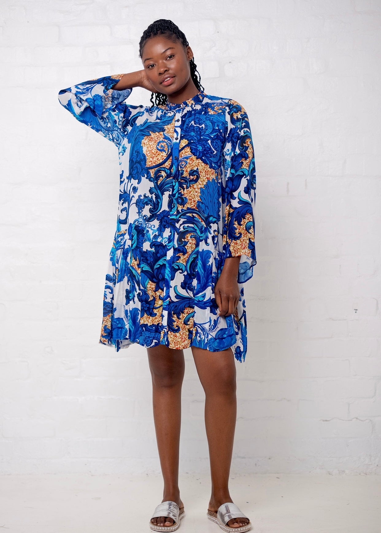View our Amalfi Dress With Fleur De Lys Print in Blue and Gold - by Tribute Store