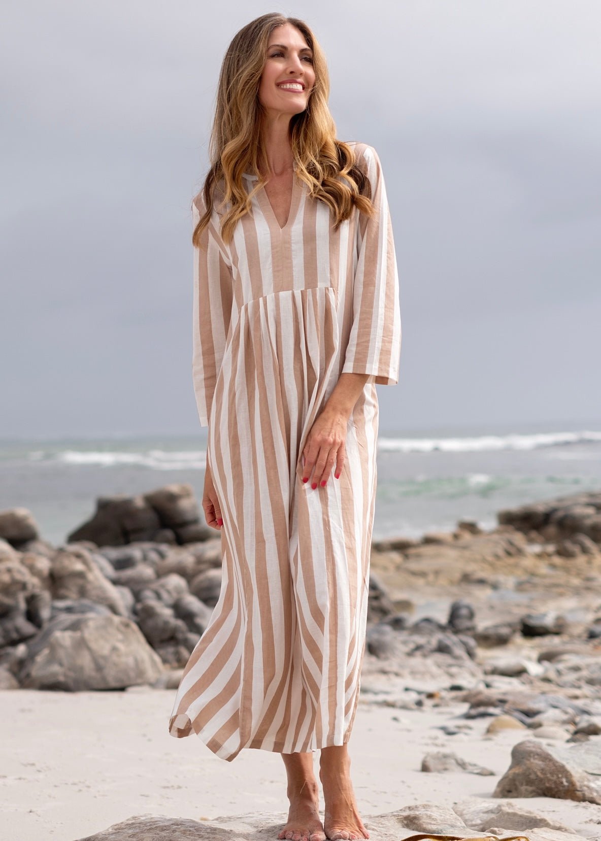 View our Amelia Pleated Stripe Dress In Brown And White - by Tribute Store