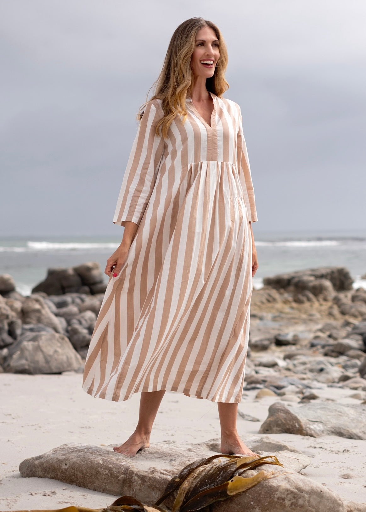 View our Amelia Pleated Stripe Dress In Brown And White - by Tribute Store