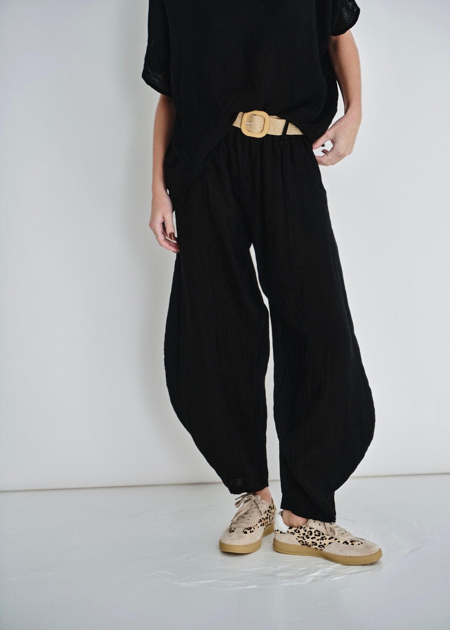 View our Antibes Barrel Linen Pants With Belt In Black - by Tribute Store