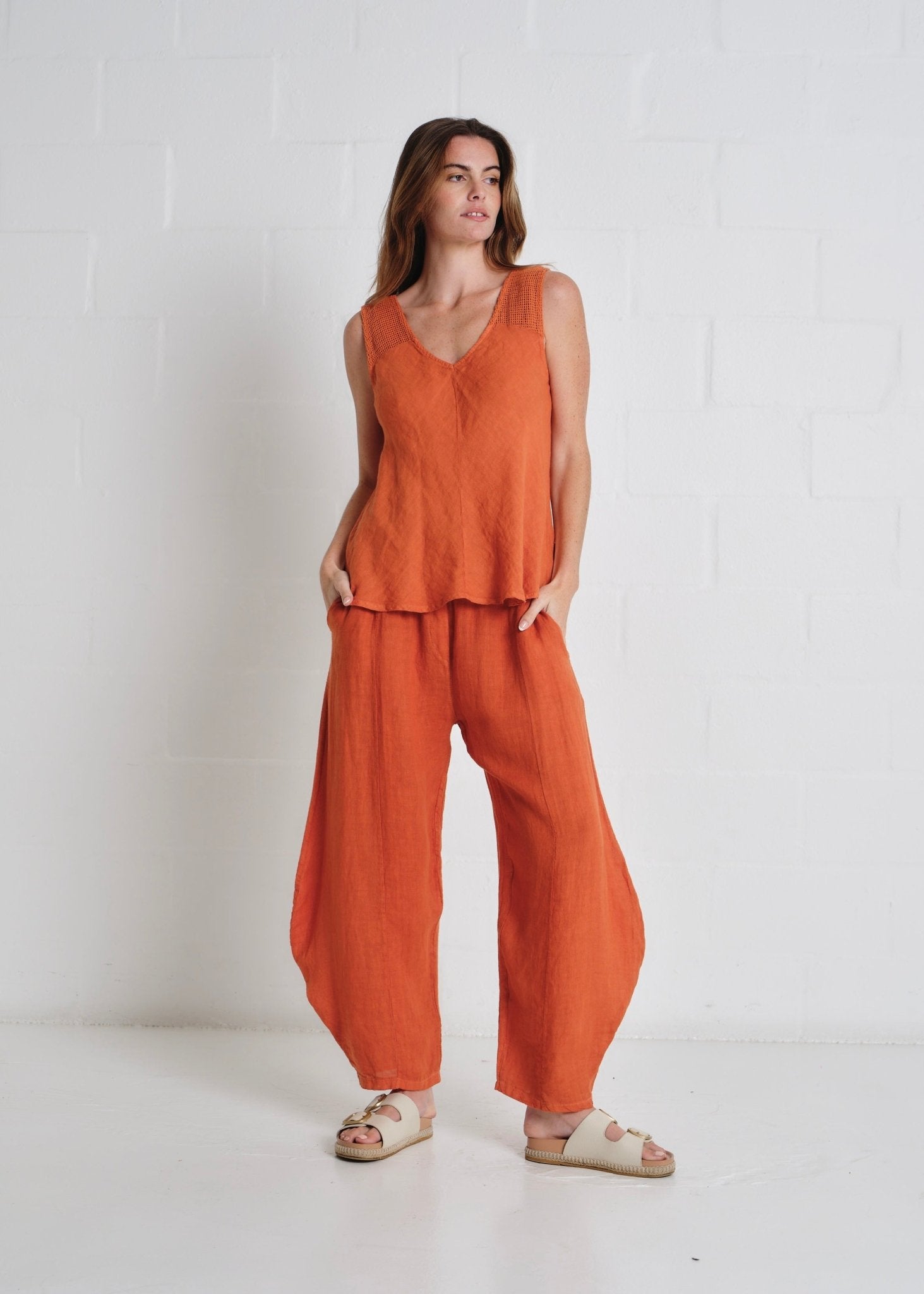 View our Antibes Barrel Linen Pants With Belt In Rust - by Tribute Store