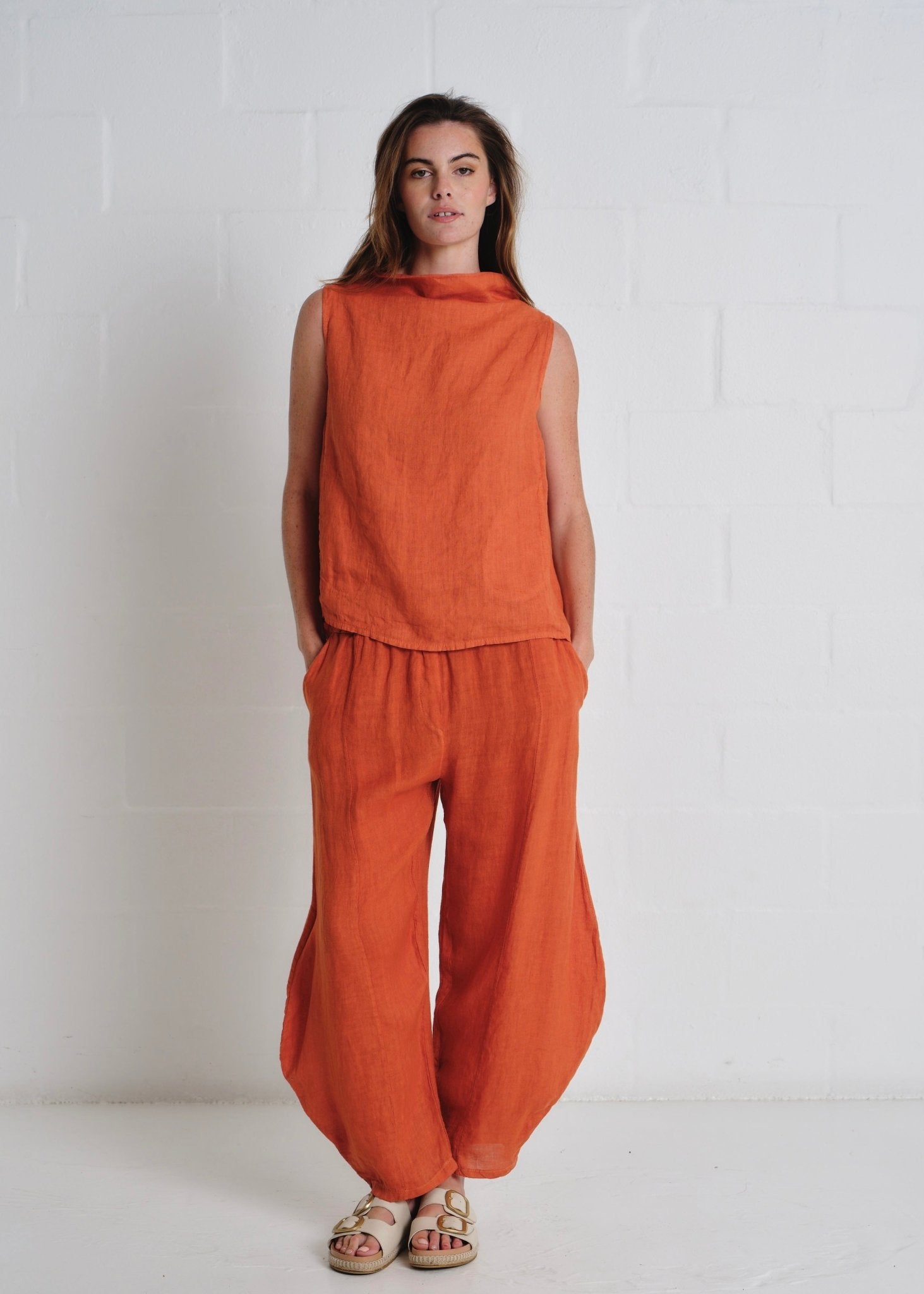 View our Antibes Barrel Linen Pants With Belt In Rust - by Tribute Store