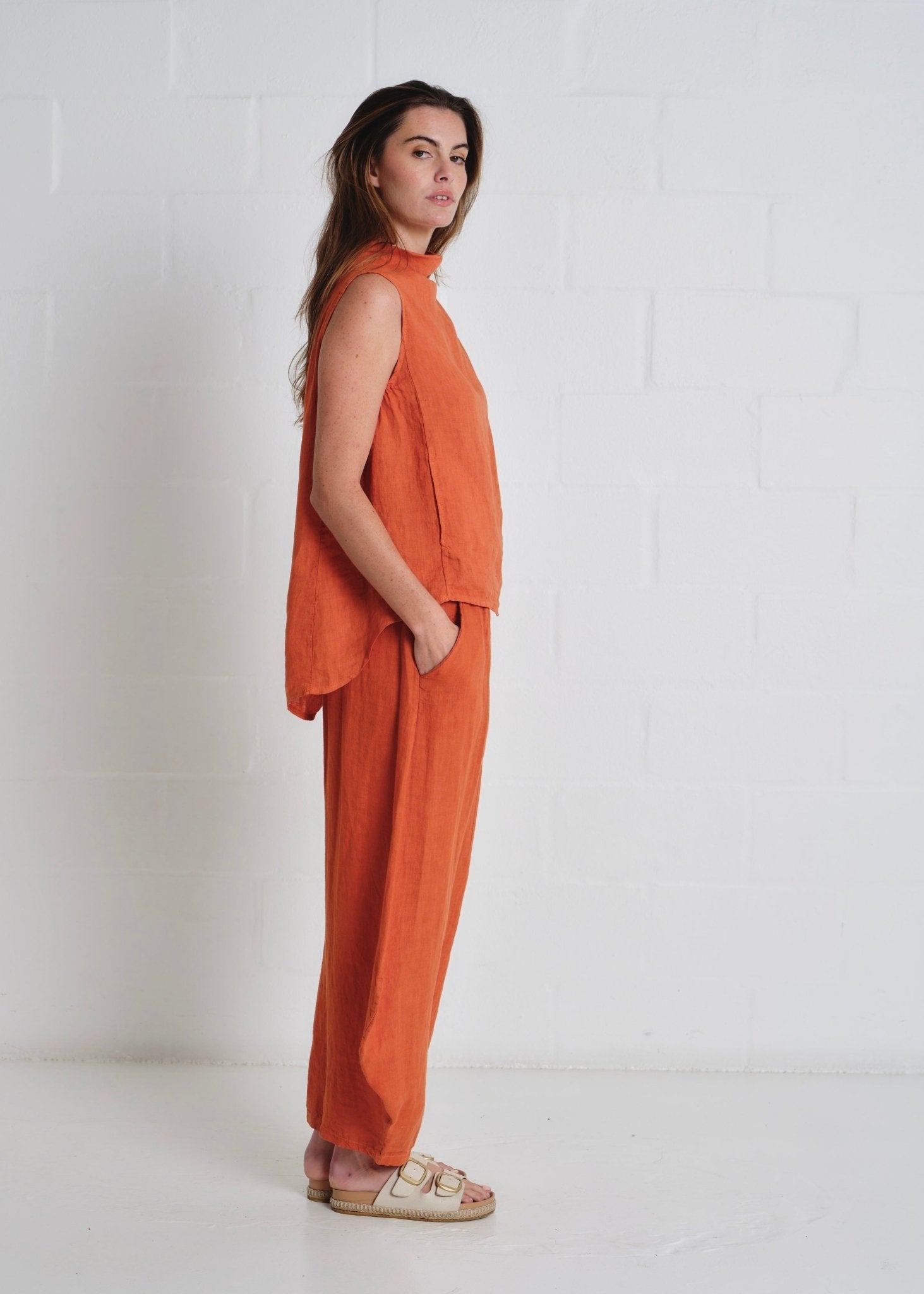 View our Antibes Barrel Linen Pants With Belt In Rust - by Tribute Store