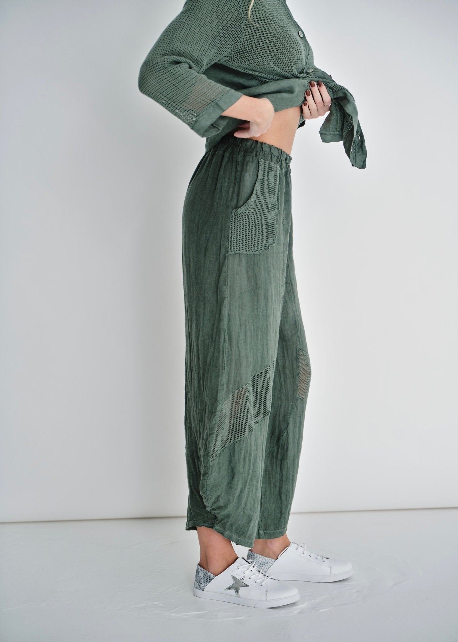 View our Antibes Crochet Linen Pants In Khaki - by Tribute Store