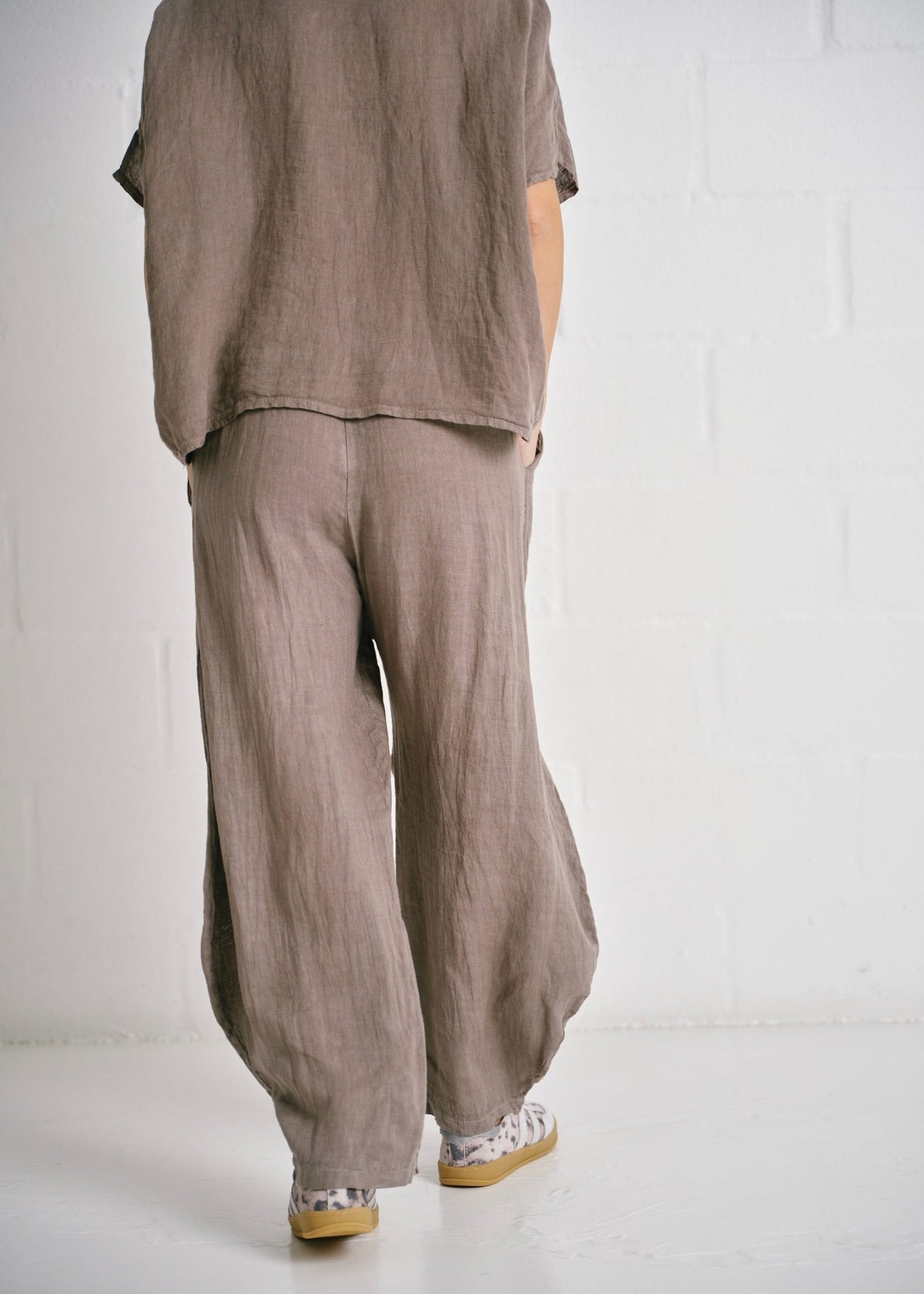 View our Antibes Italian Barrel Linen Pants With Belt In Taupe - by Tribute Store