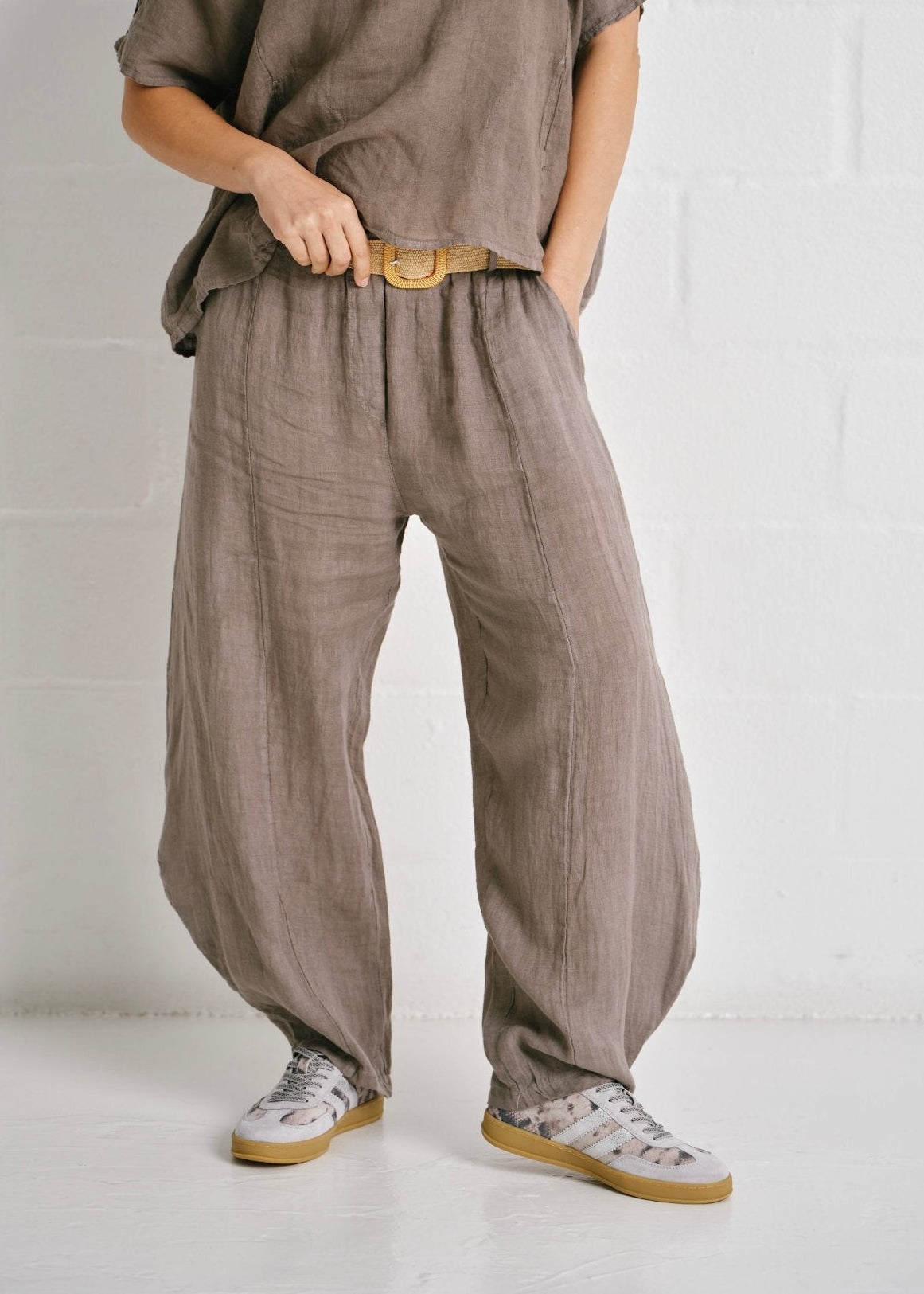 View our Antibes Italian Barrel Linen Pants With Belt In Taupe - by Tribute Store