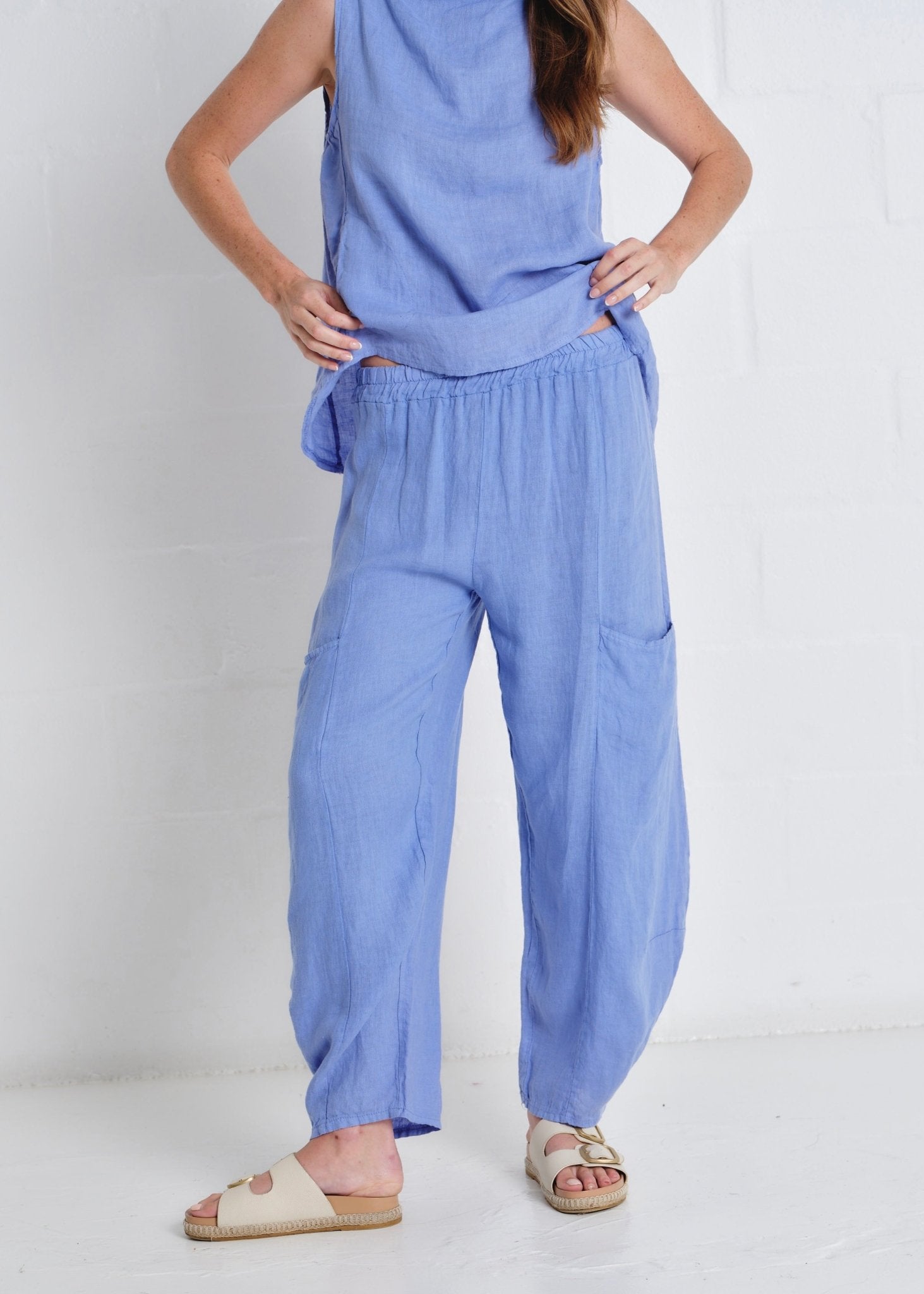 View our Antibes Italian Linen Barrel Pants in Blue - by Tribute Store
