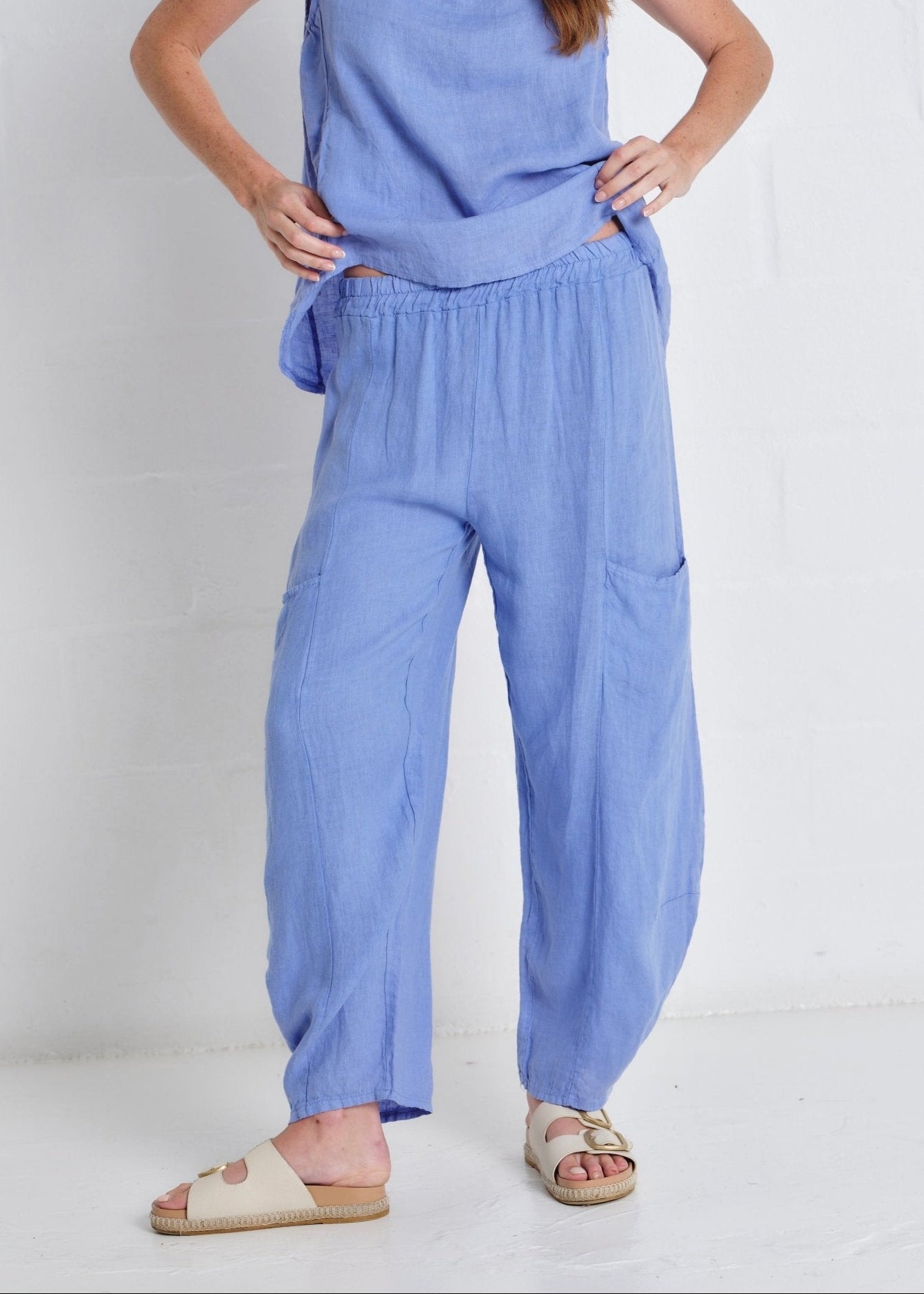 View our Antibes Italian Linen Barrel Pants in Blue - by Tribute Store