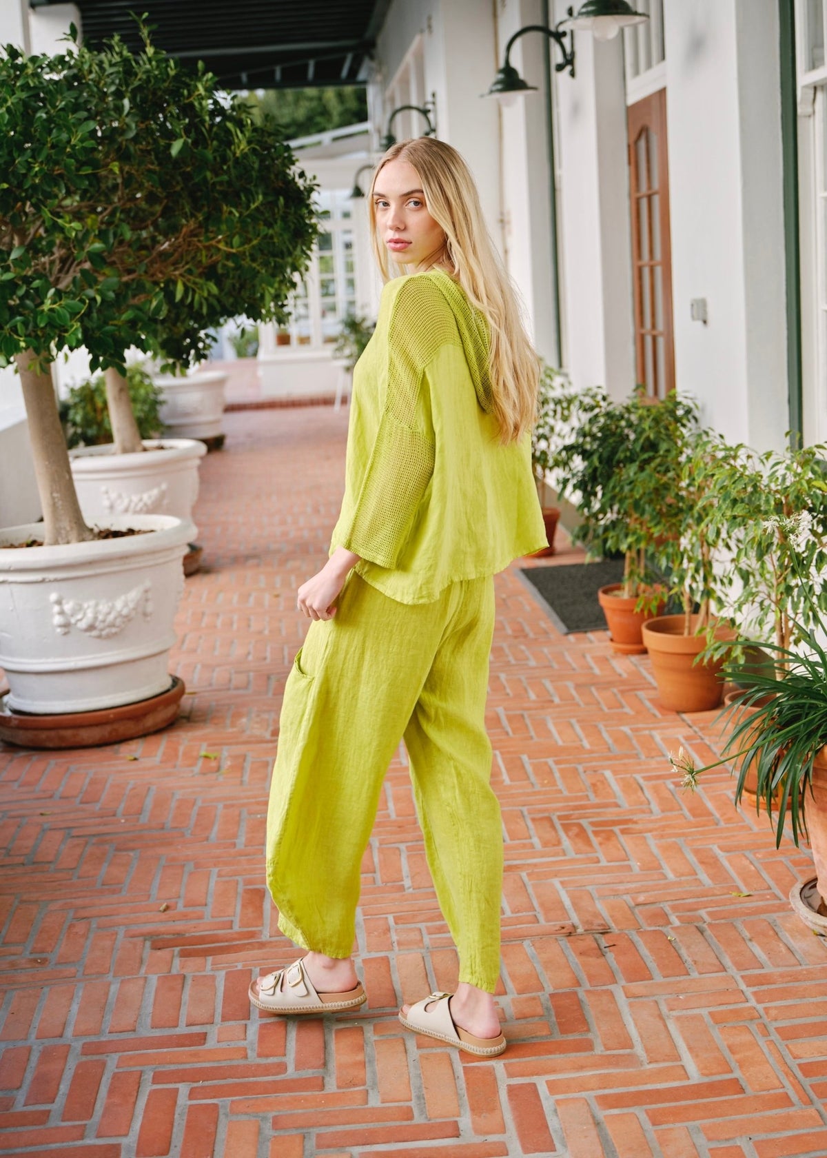 View our Antibes Italian Linen Barrel Pants in Chartreuse - by Tribute Store