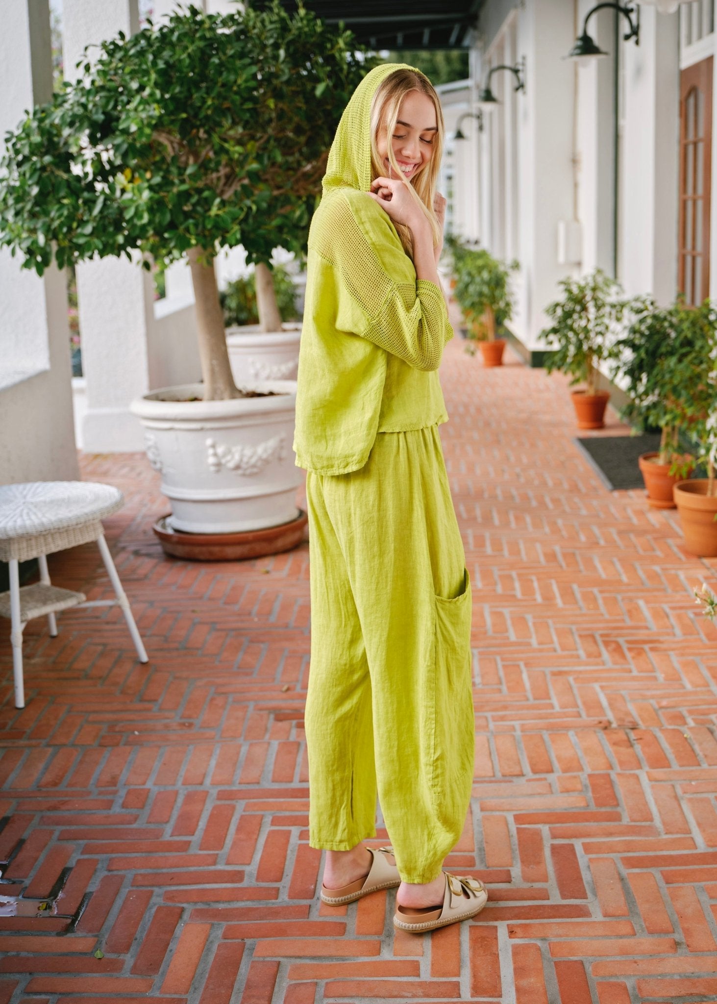 View our Antibes Italian Linen Crochet Hoodie in Chartreuse - by Tribute Store