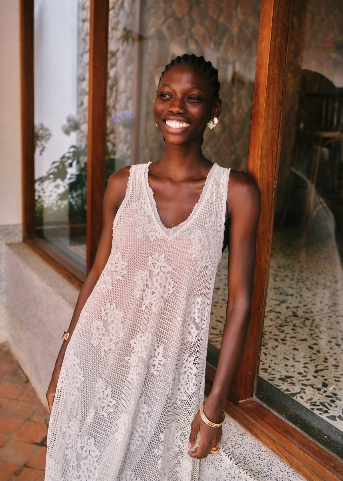 View our Antigua Crochet and Linen Italian Maxi V neck Dress In Cream - by Tribute Store