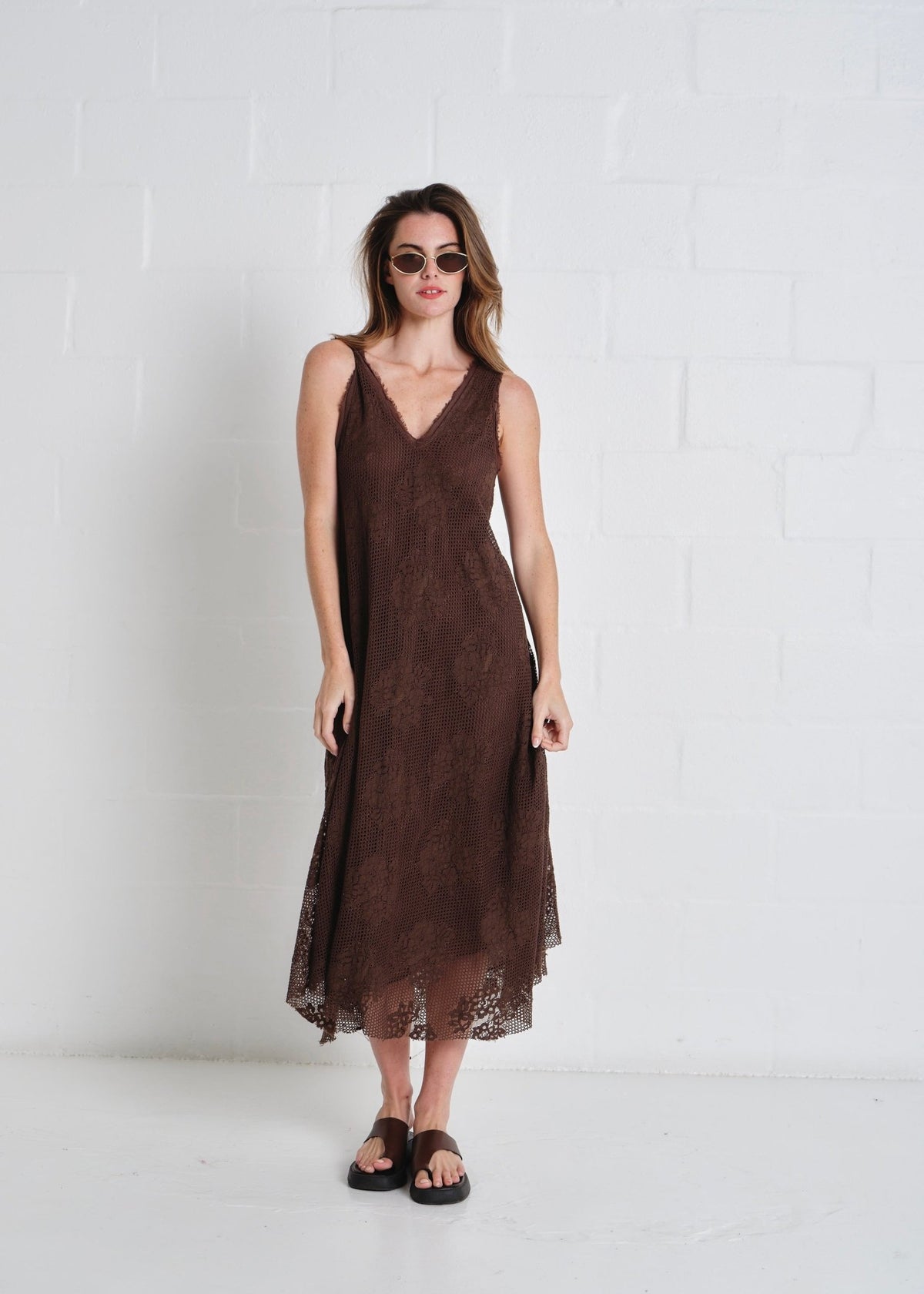 View our Antigua Crochet Maxi V neck Dress In Chocolate - by Tribute Store
