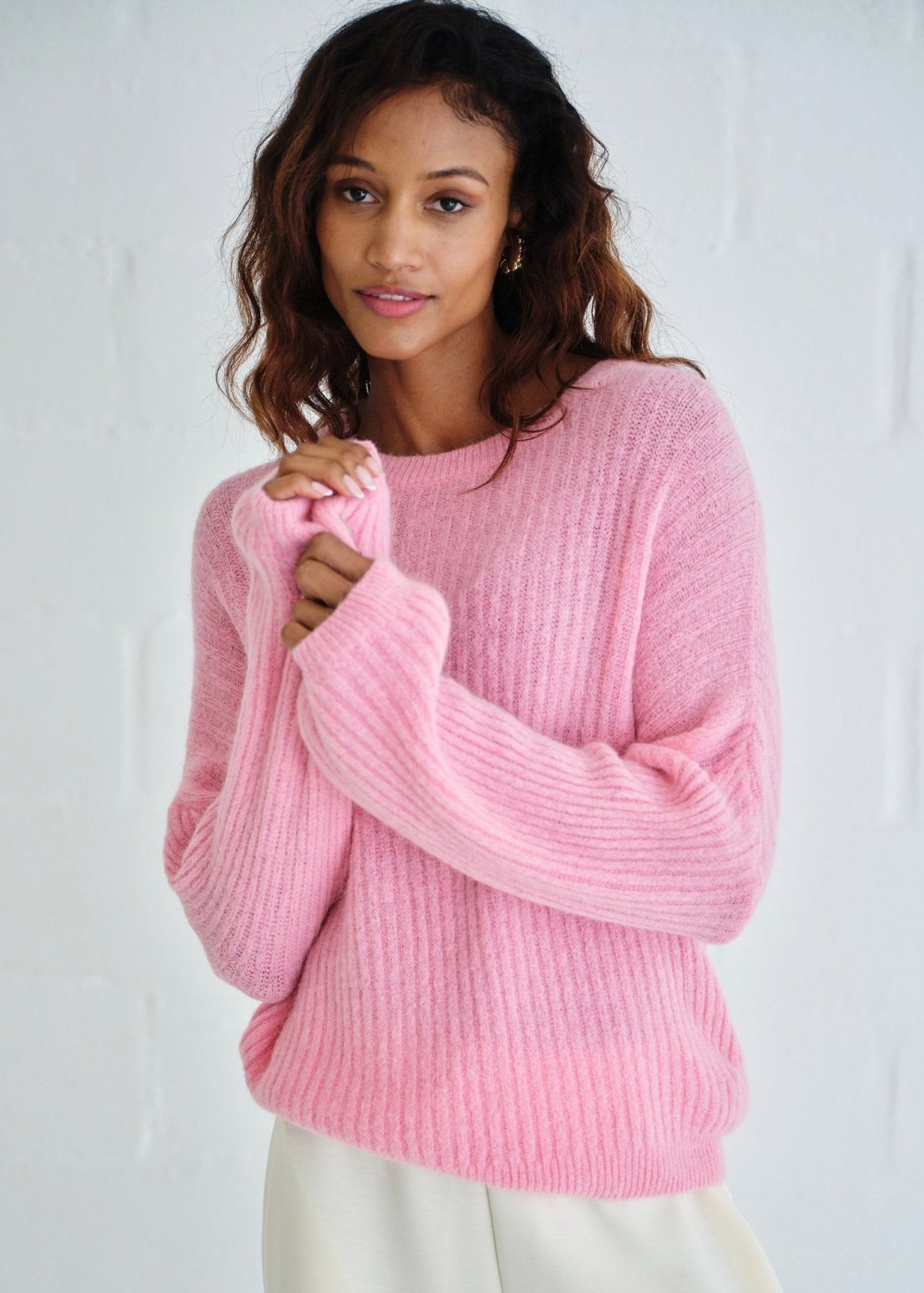 View our Aspen Crew Neck Knit In Baby Pink with Balloon Sleeve - by Tribute Store
