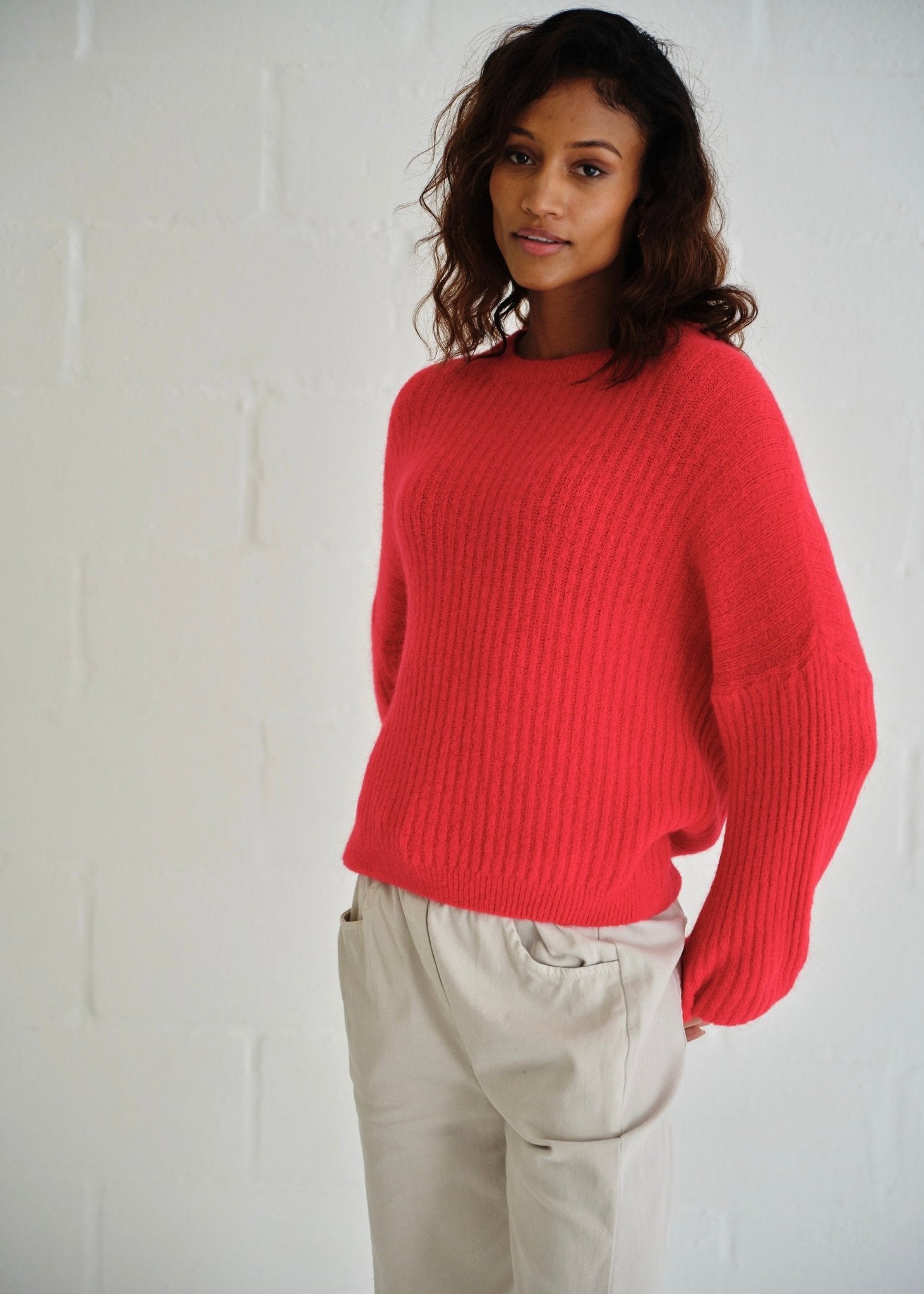 View our Aspen Crew Neck Knit In Cherry Red with Balloon Sleeve - by Tribute Store
