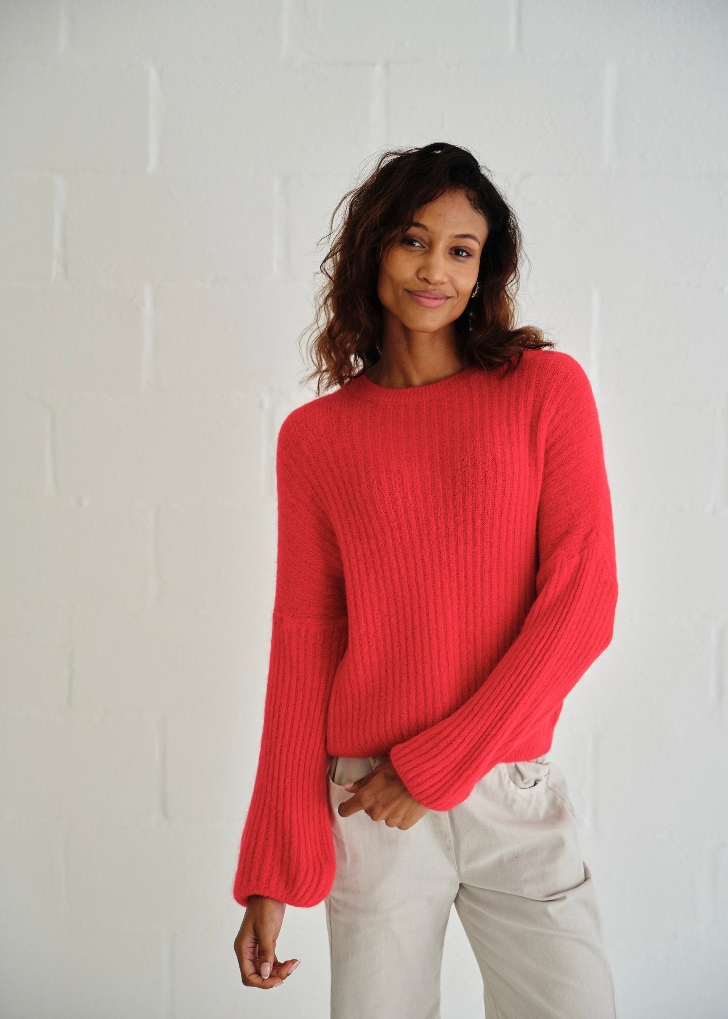 View our Aspen Crew Neck Knit In Cherry Red with Balloon Sleeve - by Tribute Store