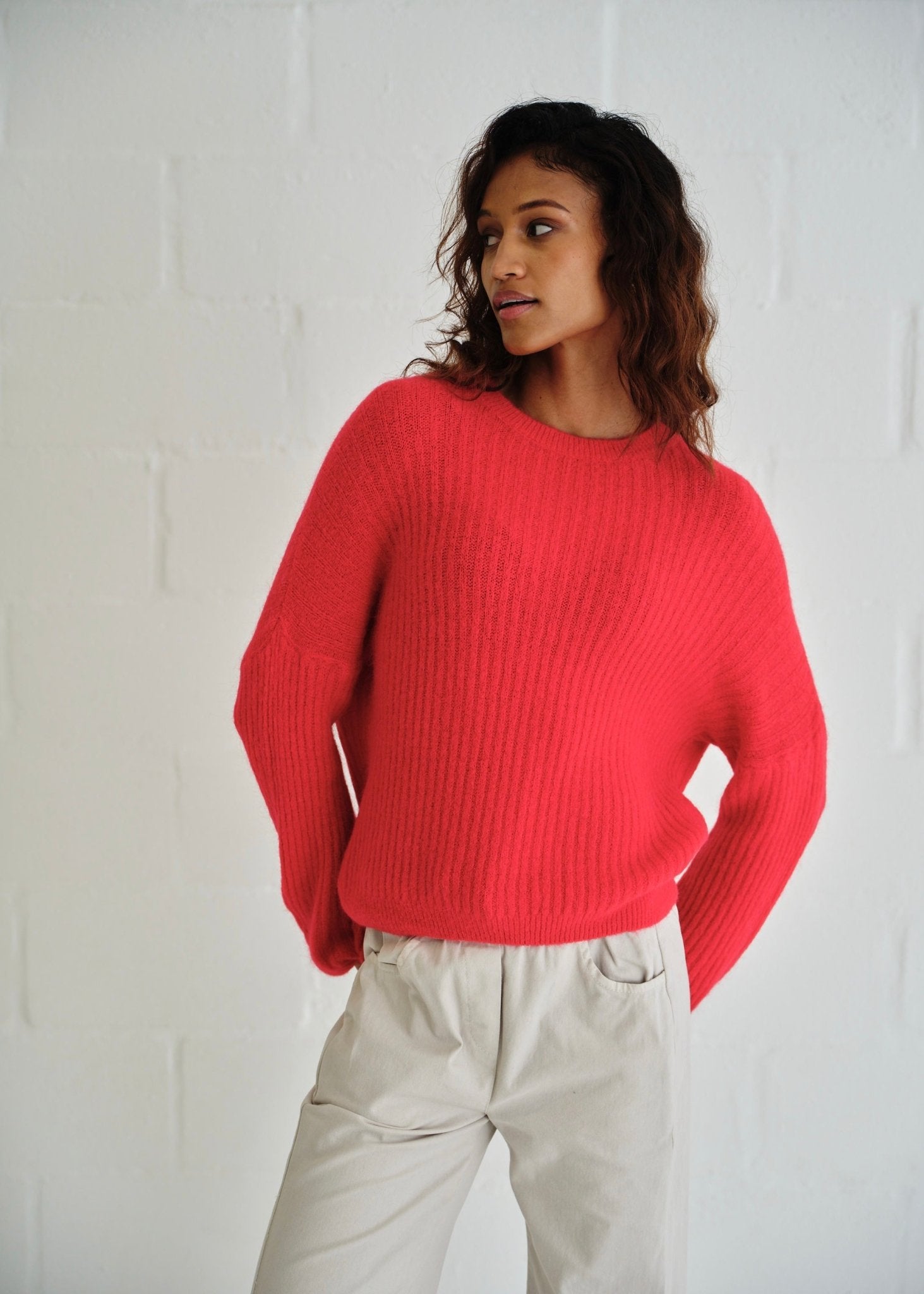 View our Aspen Crew Neck Knit In Cherry Red with Balloon Sleeve - by Tribute Store