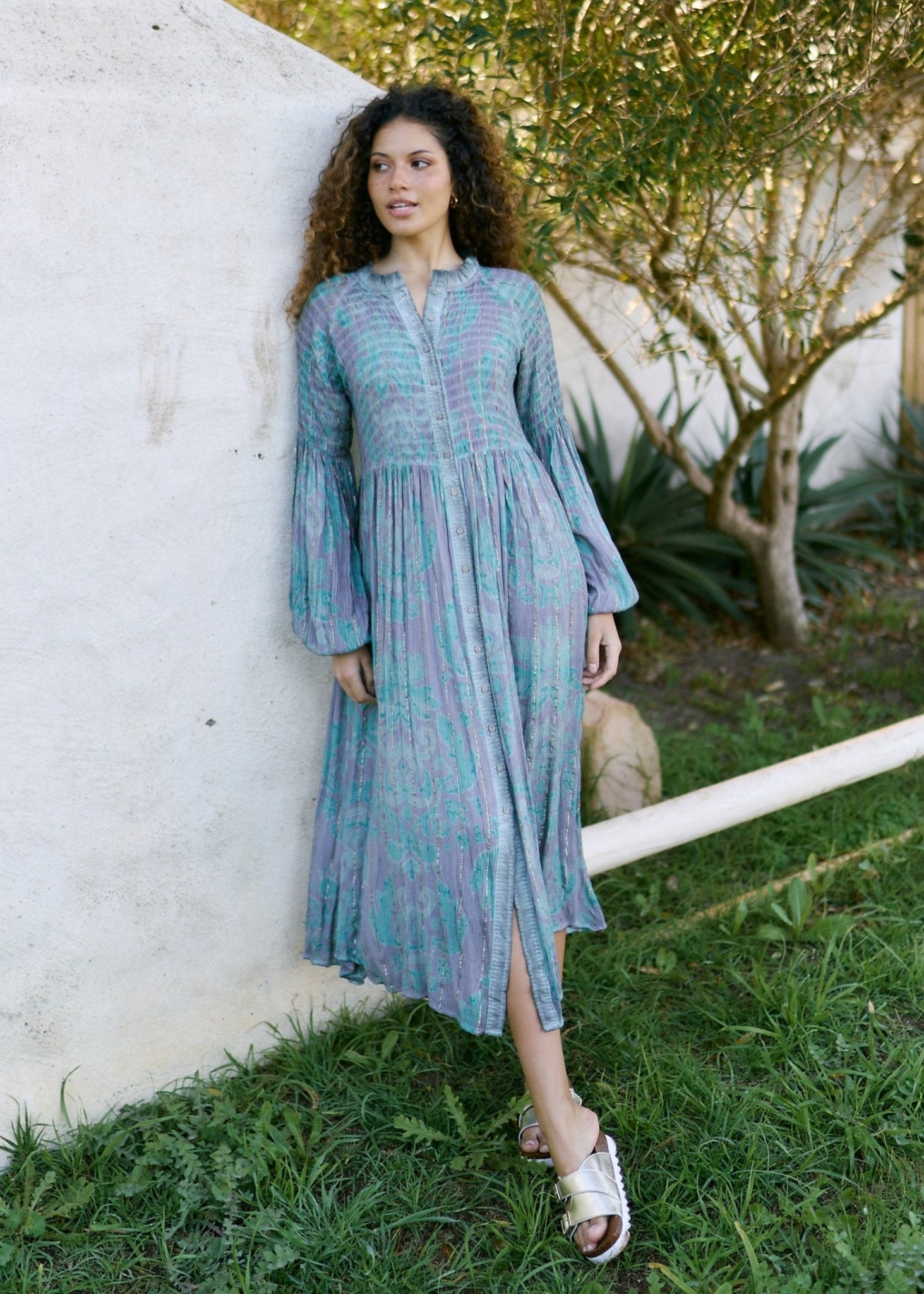 View our Athena Midi Bohemian Dress with Gold Lurex Thread in soft Ocean Green and Grey Print - by Tribute Store