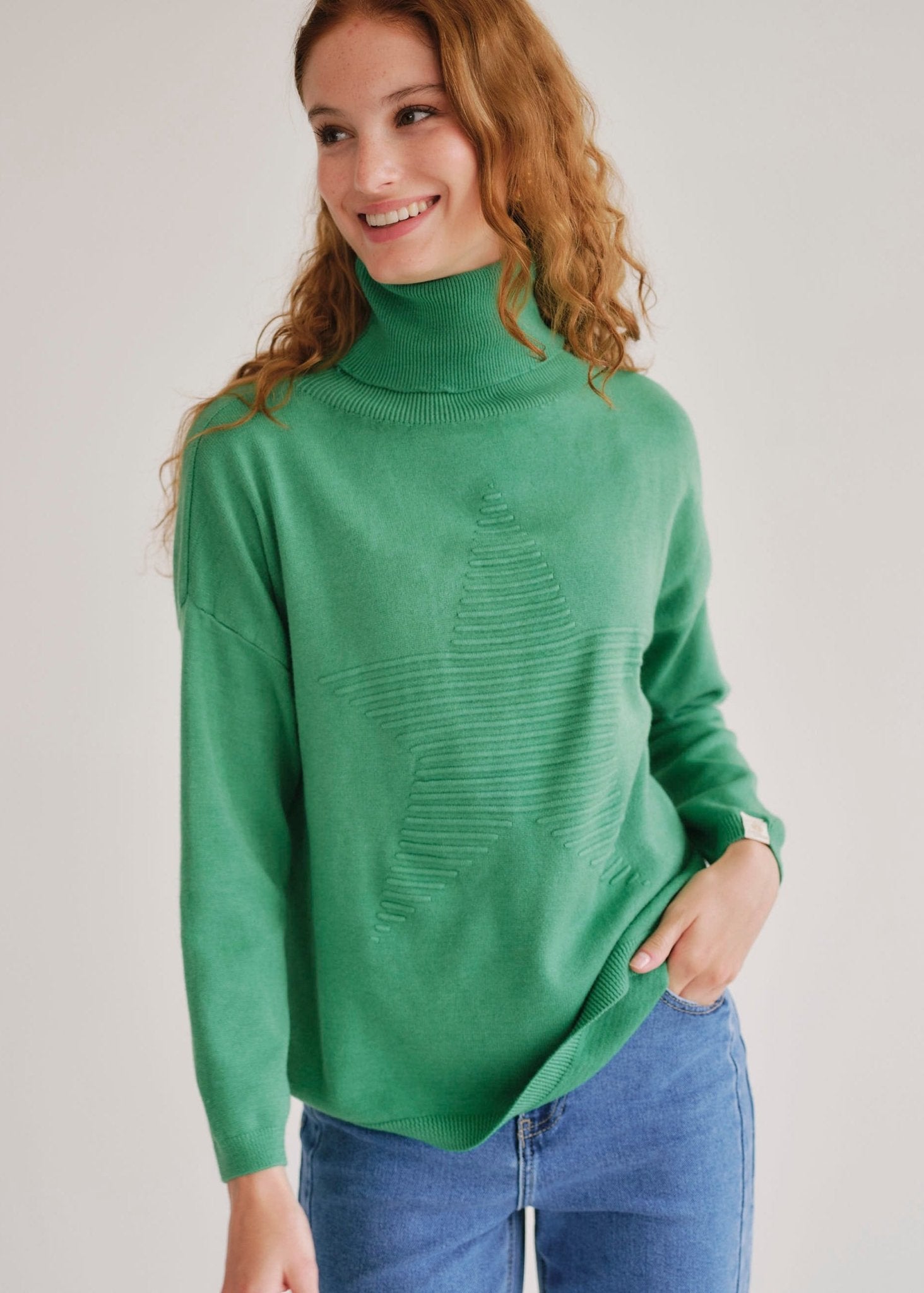 View our Bastille Polo Neck Knit with Star Front in Green - by Tribute Store