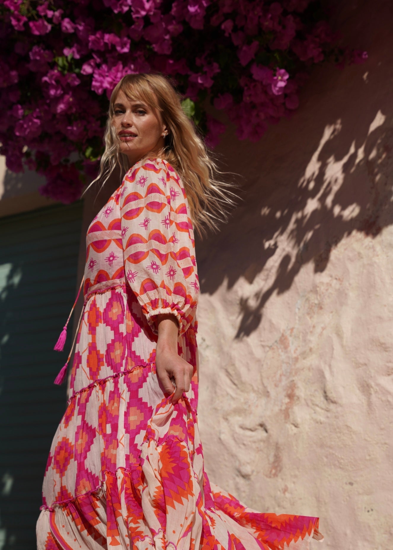 View our Bella Sera Cotton Balloon Sleeved Maxi Dress with Pink and Orange Aztec Print - by Tribute Store