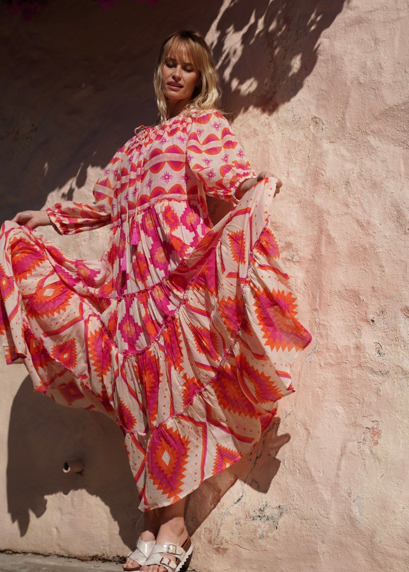 View our Bella Sera Cotton Balloon Sleeved Maxi Dress with Pink and Orange Aztec Print - by Tribute Store