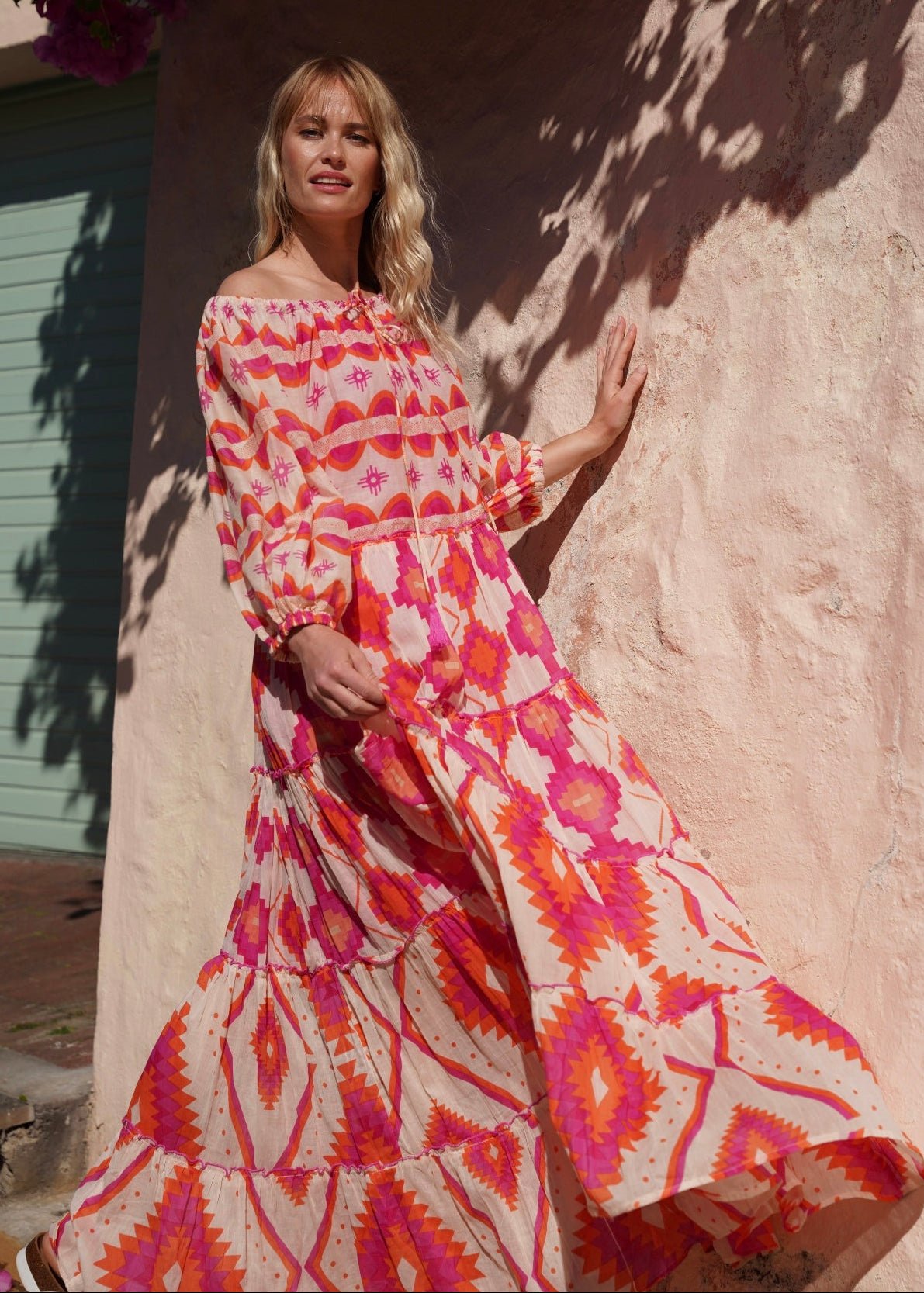 View our Bella Sera Cotton Balloon Sleeved Maxi Dress with Pink and Orange Aztec Print - by Tribute Store