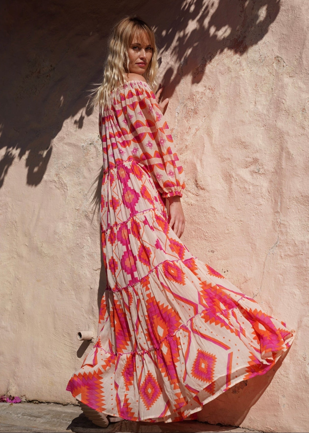 View our Bella Sera Cotton Balloon Sleeved Maxi Dress with Pink and Orange Aztec Print - by Tribute Store