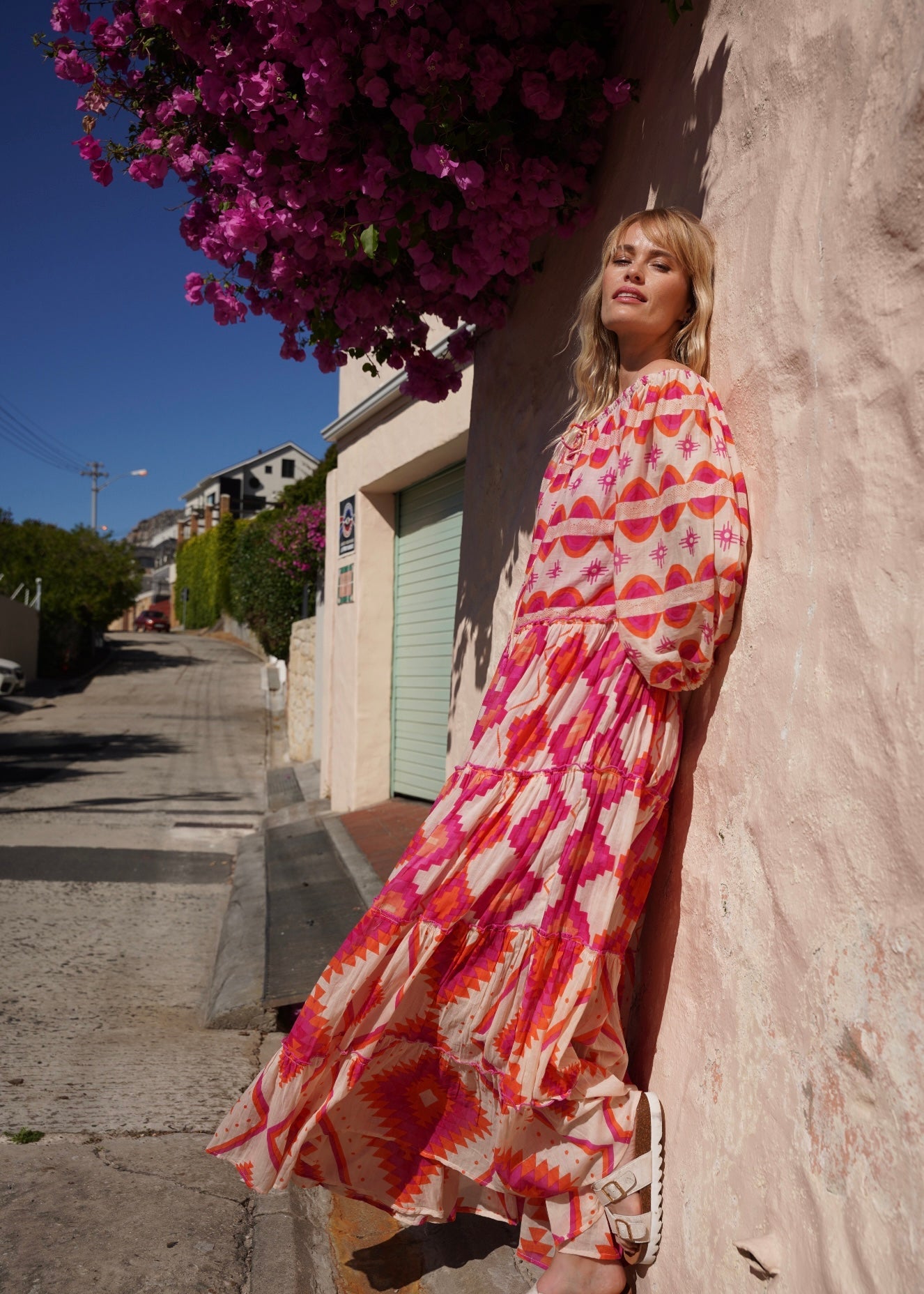 View our Bella Sera Cotton Balloon Sleeved Maxi Dress with Pink and Orange Aztec Print - by Tribute Store